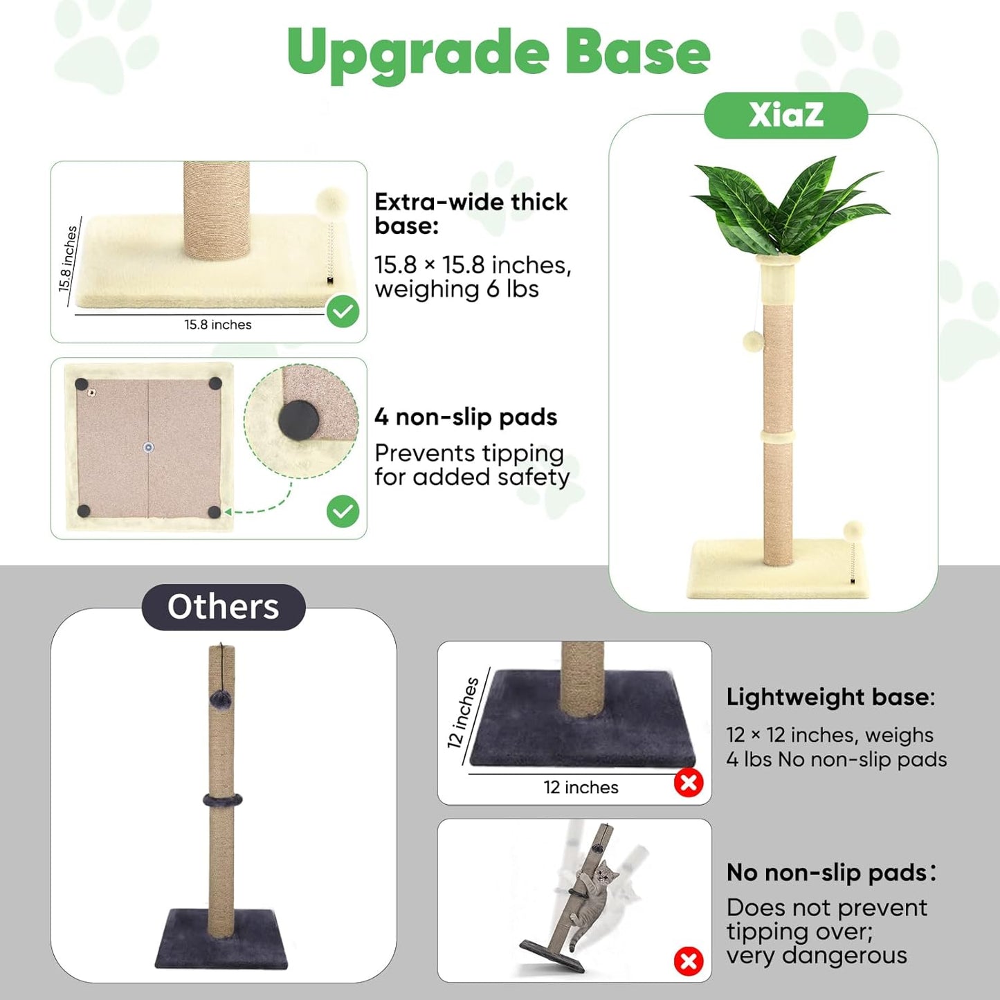 XiaZ Cat Scratching Post 34'' Tall, Cat Scratchers Tree Tower for Indoor Kitten with Extra Wide 15.8" Stable Base and 2 Toy Balls, Natural Sisal & Plush Fabric for Small, Medium Cats (Beige, 2.8in)