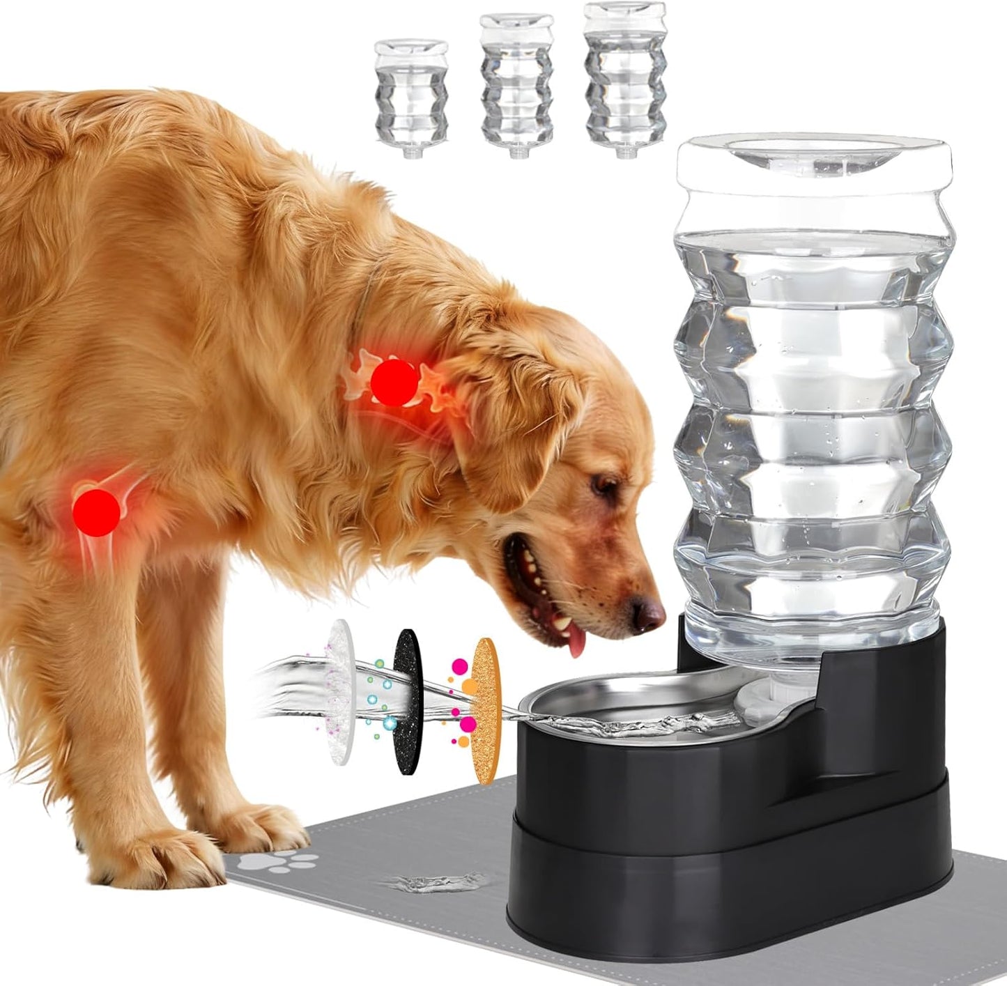 RIZZARI Dog Water Dispenser Bowl: 9L Large Black Automatic Stainless Steel Pet Feeder with Triple Filter and Specialized Brush - for Dogs Good for Joint Health - Garden Garage