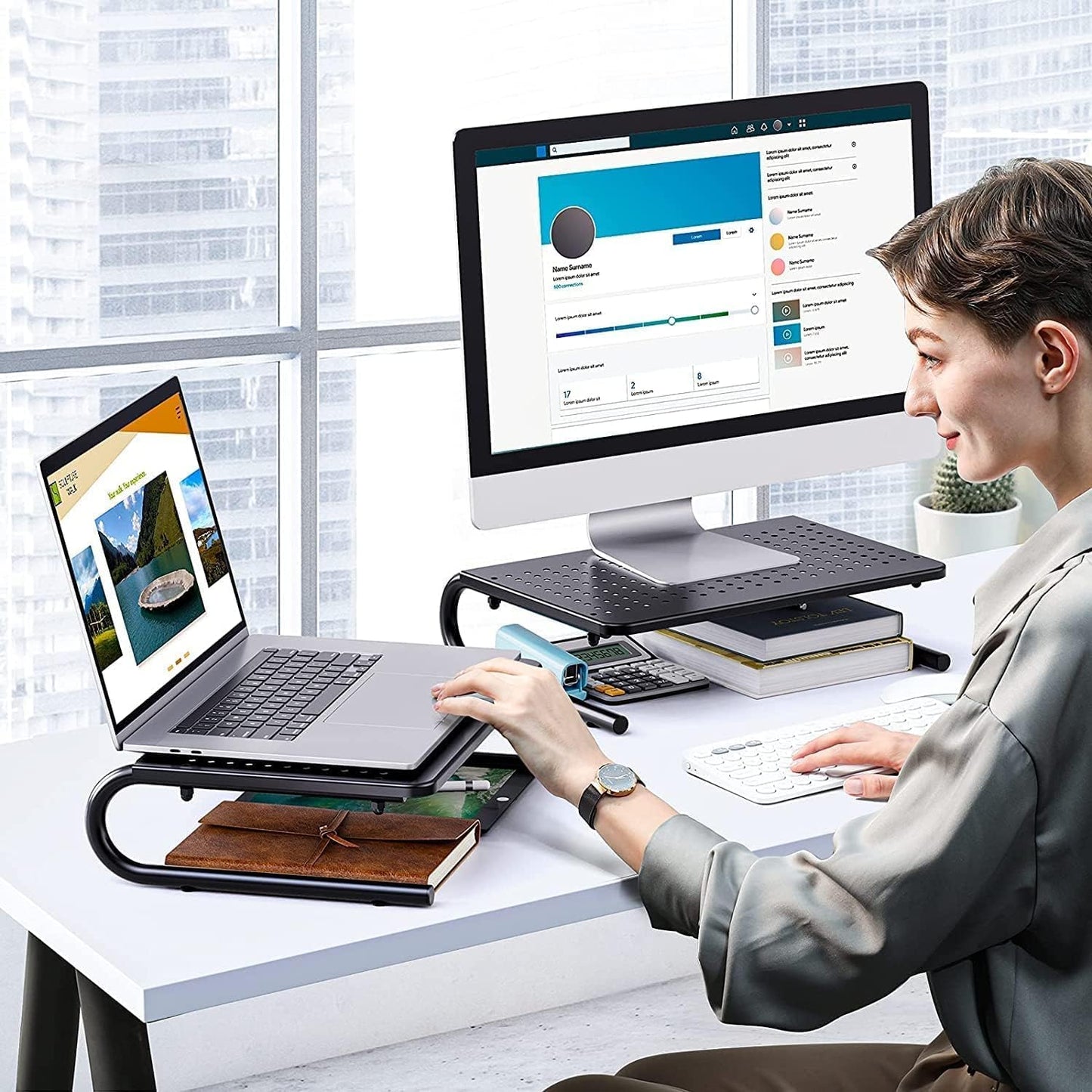 HUANUO Monitor Riser for Desk, Desk Organizer,Laptop Shelf w/Vented for Screen, Computer Stand for PC, Printer, for Home & Office