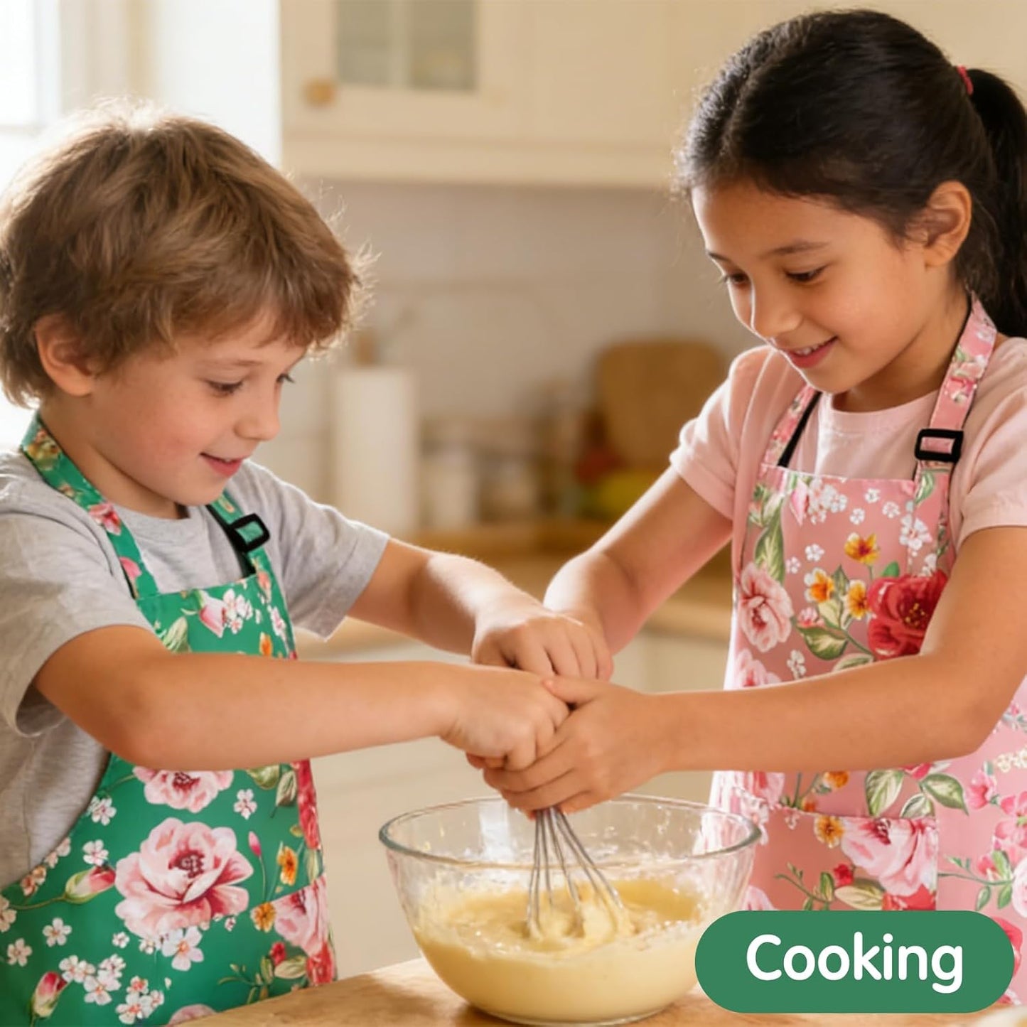 Kids Apron with Pockets, Polyester Floral for Cooking & Gardening, Adjustable Neck, Toddlers, 17.7x23.2 Inches