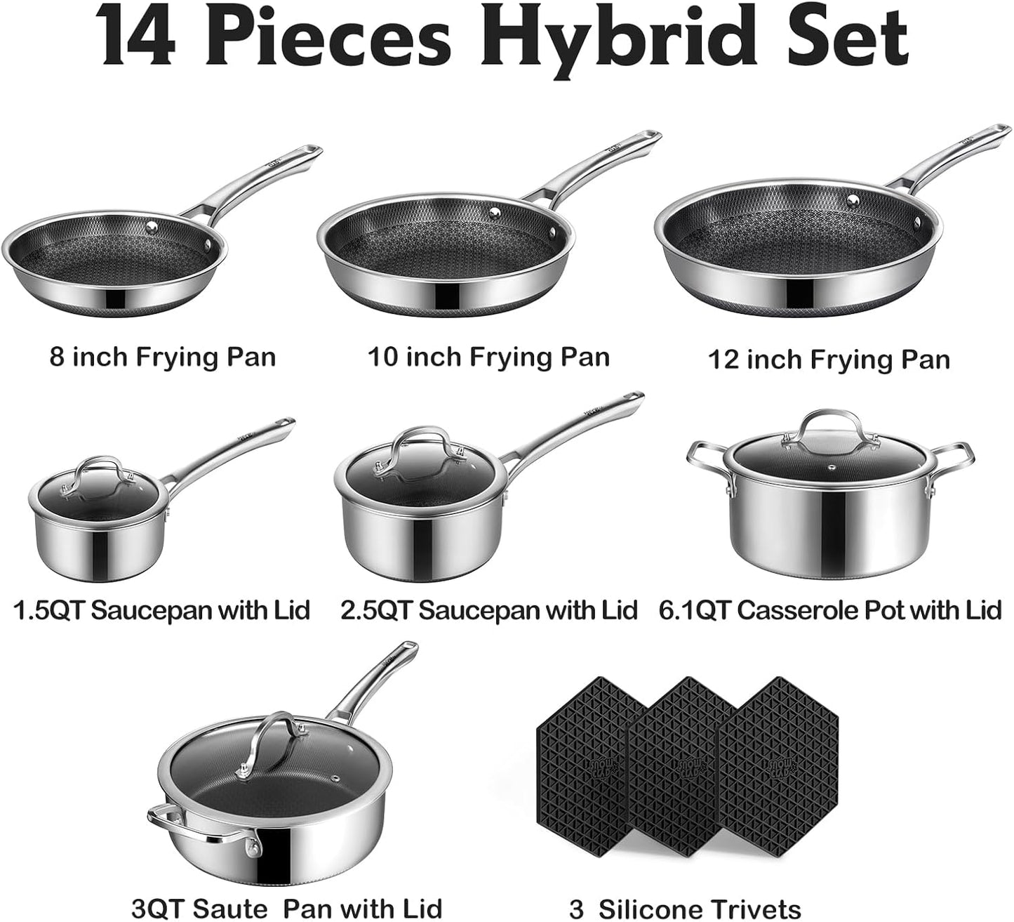Pots and Pans Set Non Stick, 14 Pcs Hybrid Stainless Steel Cookware Sets, Non Stick Frying Pans, Saucepans, Saute Pan & Stock Pot, PFOA Free Kitchen Skillet,Induction Compatible