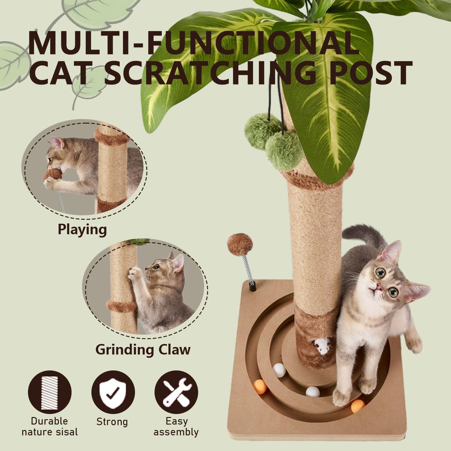 MECOOL 35in Tall Cat Scratching Post Sturdy and Premium Scratch Posts with Hanging Ball and Ball Track Cute Cat Tree for Indoor Cats