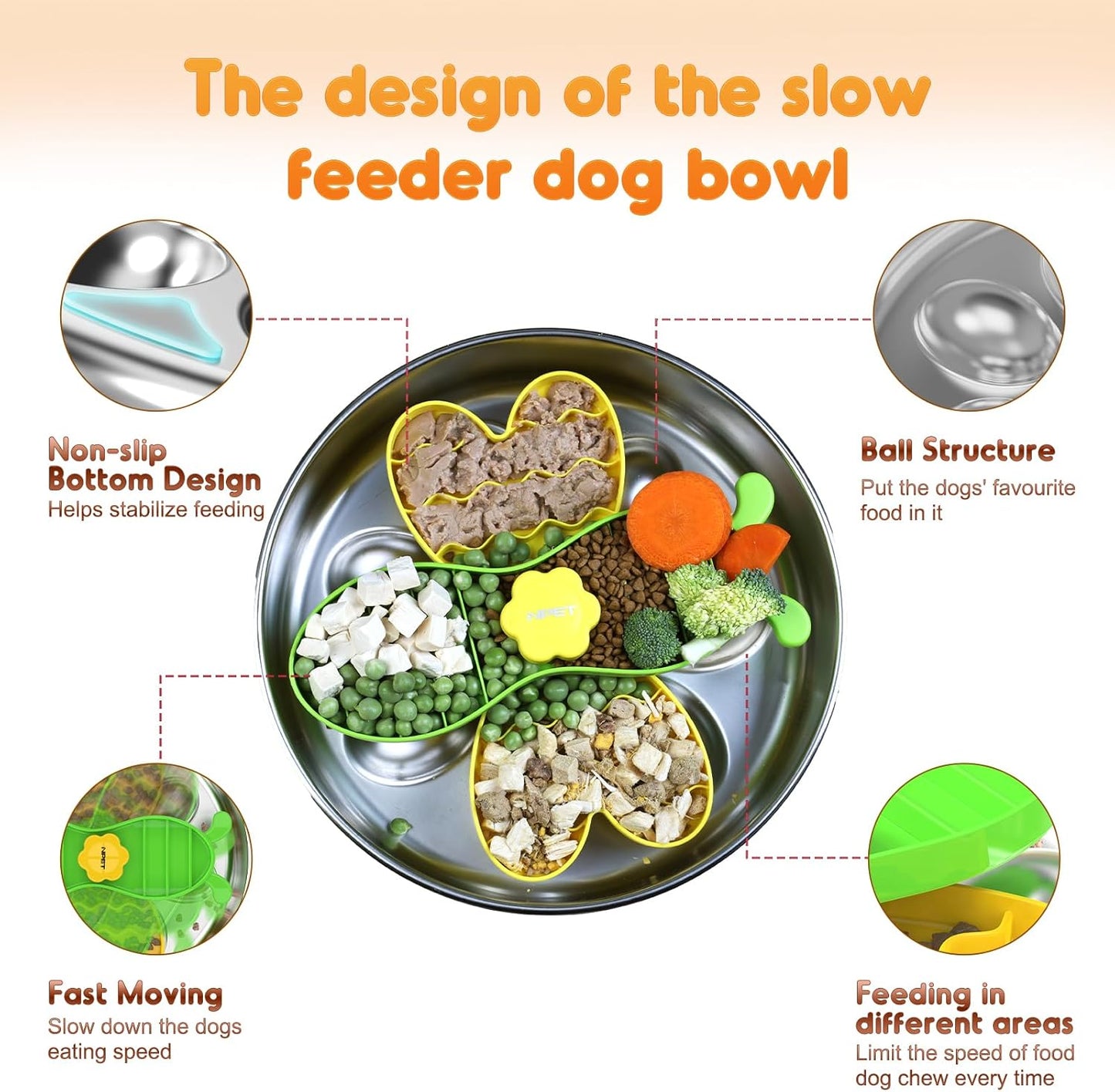 NPET Slow Feeder Dog Bowls for Large Dogs, Stainless Steel Pet Bowls Suitable for Dry, Wet, and Raw Food, Detachable Puzzle Toy for Food Training