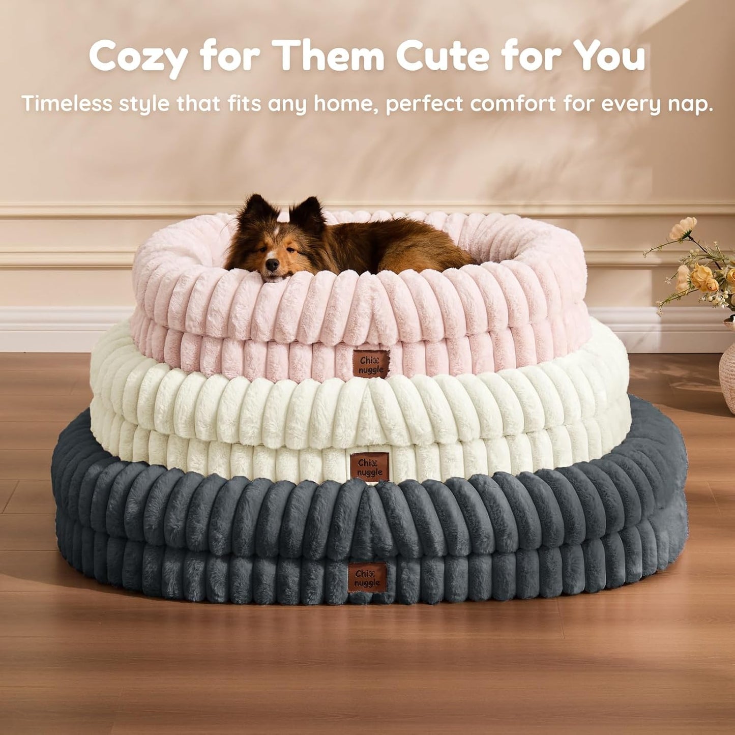 Dog Bed Medium Sized Dog - Luxury Striped Faux Fur Waterproof Pet Couch with Removable Washable Cover, Orthopedic Pet Bed with Bolster Sides for Sleeping, Dark Grey