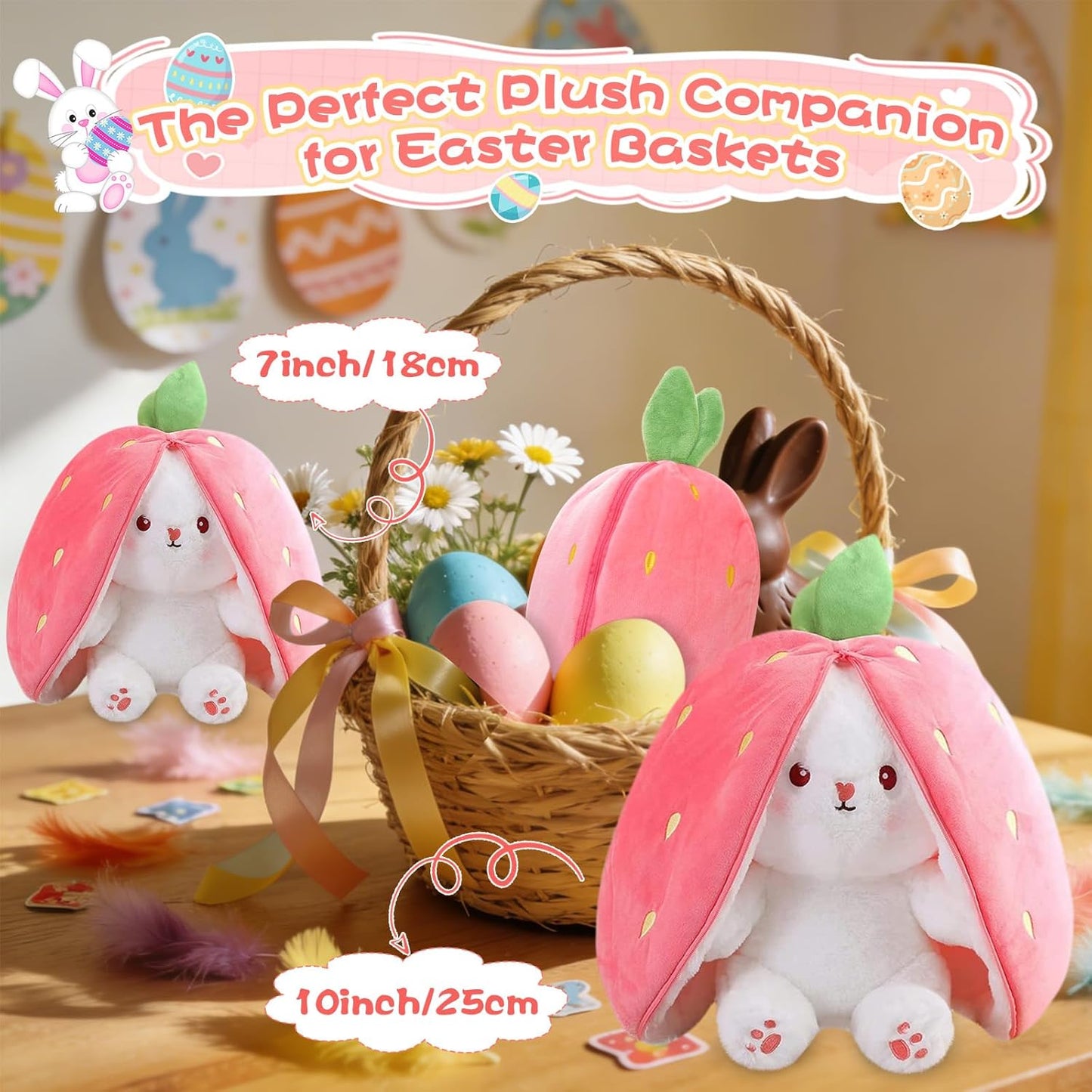 MIAODAM Bunny Stuffed Animal Reversible Cuddle Bunny Stuffed,Strawberry Bunny Transformed Rabbit Plush Zipper,Turns Into Ears Bunnies Plushies Toy Cute Stuffy Doll Easter Girlfriend Gift