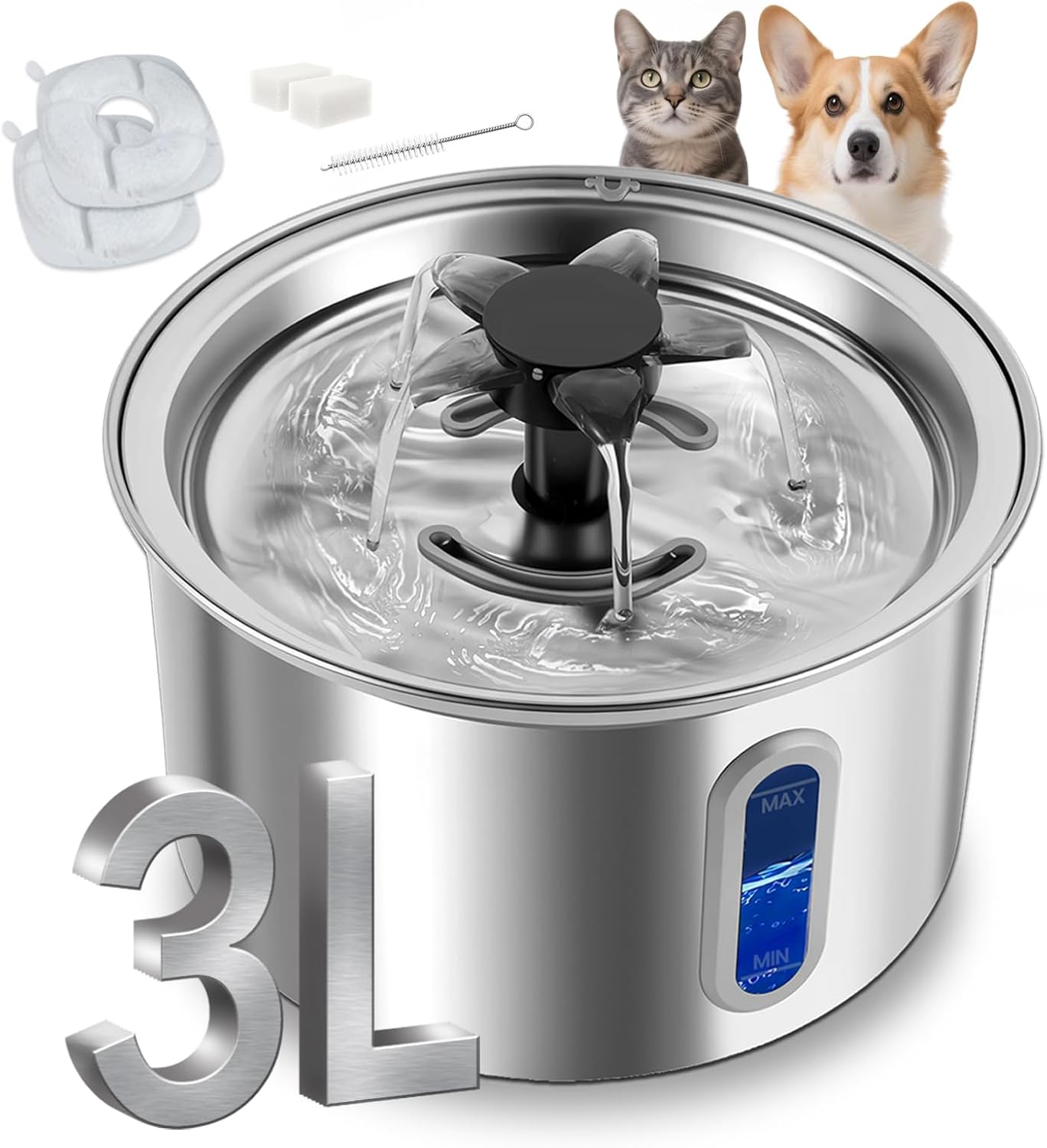 3L/101oz Stainless Steel Cat Water Fountain for Indoor Use - Ultra Quiet Automatic Cat Fountain for Drinking, BPA-Free Pet Water Dispenser for Cats/Small Dogs LED Window (2 Filters & 2 Sponges, Large)