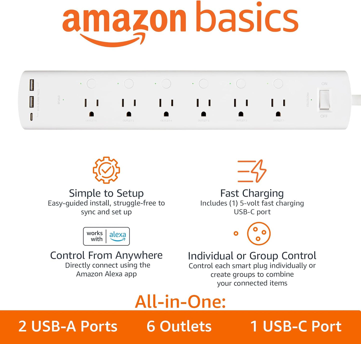 Amazon Basics Smart Plug Power Strip with 6 Individually Controlled Outlets and 3 USB Ports (2 USB-A and 1 USB-C), WiFi, Works with Alexa Only, 2.4 GHz, No Hub Required, White