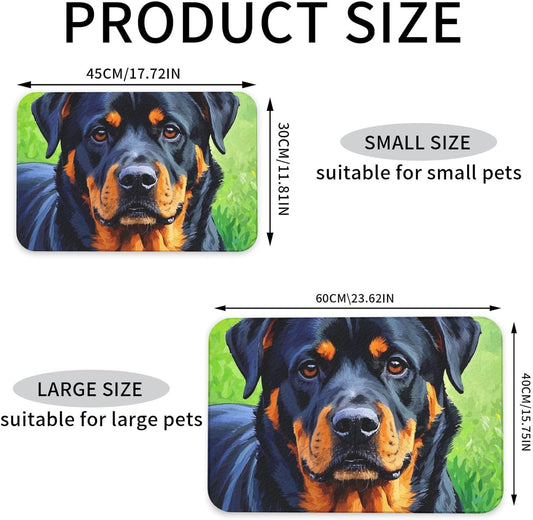 Pet Feeding Mat Leather Dog Food Mat Waterproof Pet Tablecloth Cool Rottweiler Dog Art Pet Placemat for Dogs Absorbent Dog Bowl Mat Anti-Slip Dogs Mats for Food and Water