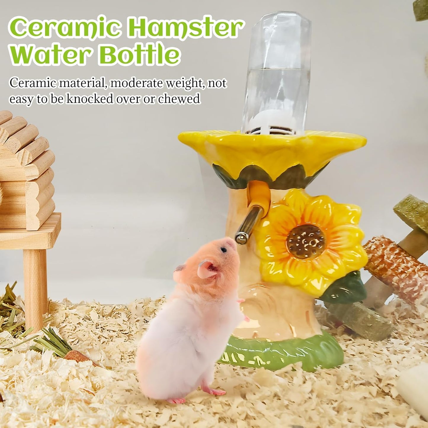 BNOSDM Hamster Water Bottle No Drip Ceramic Hamster Water Bottle for Glass Tank - 80ML Water Dispenser with Yellow Sunflower Stand Holder for Syrian Hamsters Dwarf Hamsters Mice Gerbils