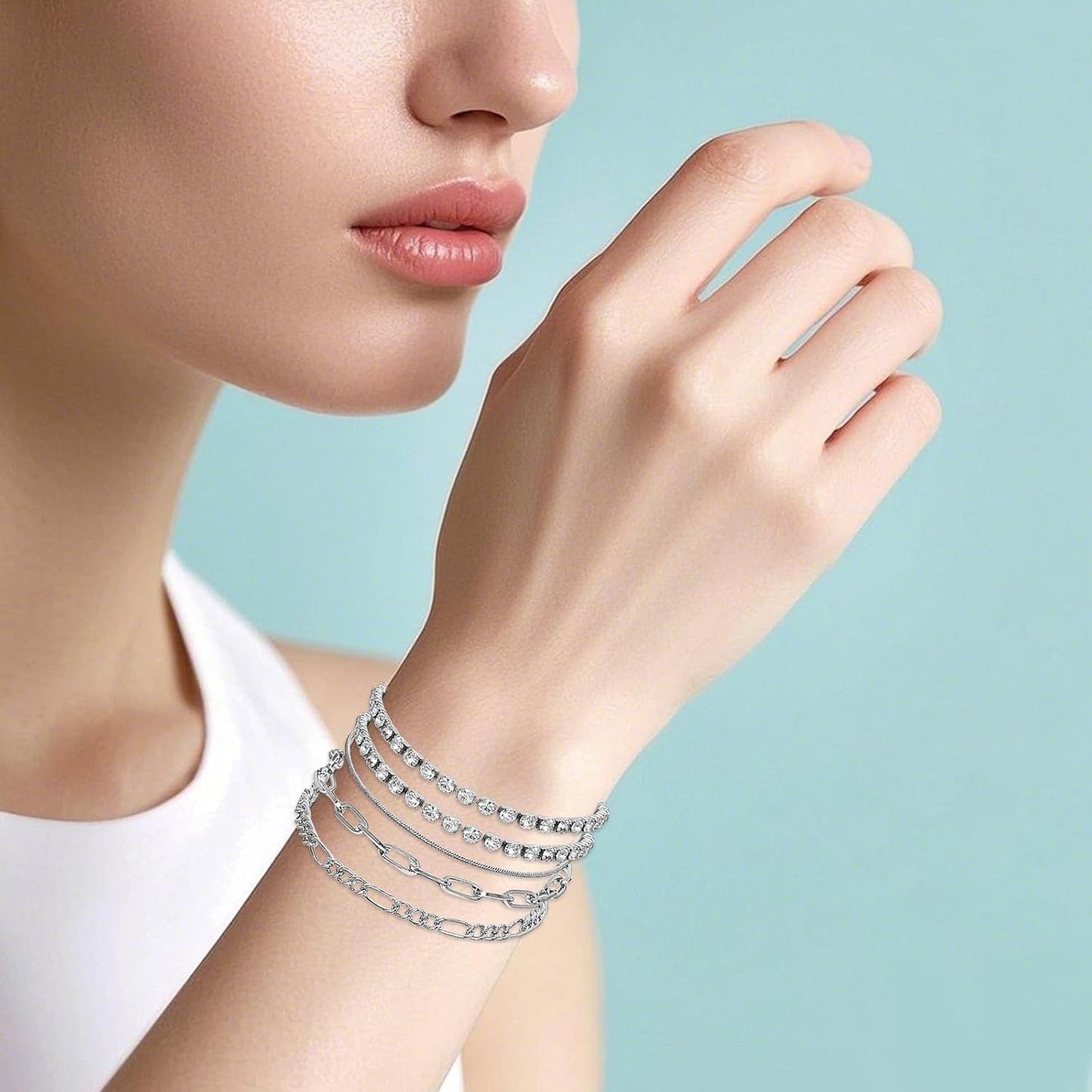 Silver Jewelry Set for Women Layered Bracelets Ball Dangle Hoop Earrings Stackable Knuckle Rings Set Dainty Adjustable Necklaces Valentine Anniversary Trendy Party Costume Accessories Jewelry