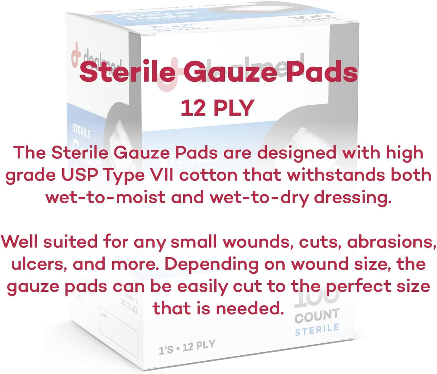 Dealmed 3’’ x 3’’ Sterile Gauze Pads (100 Count) Disposable and Individually Wrapped Medical Gauze Pads, Wound Care Product for First Aid Kit and Medical Facilities (Pack of 1)