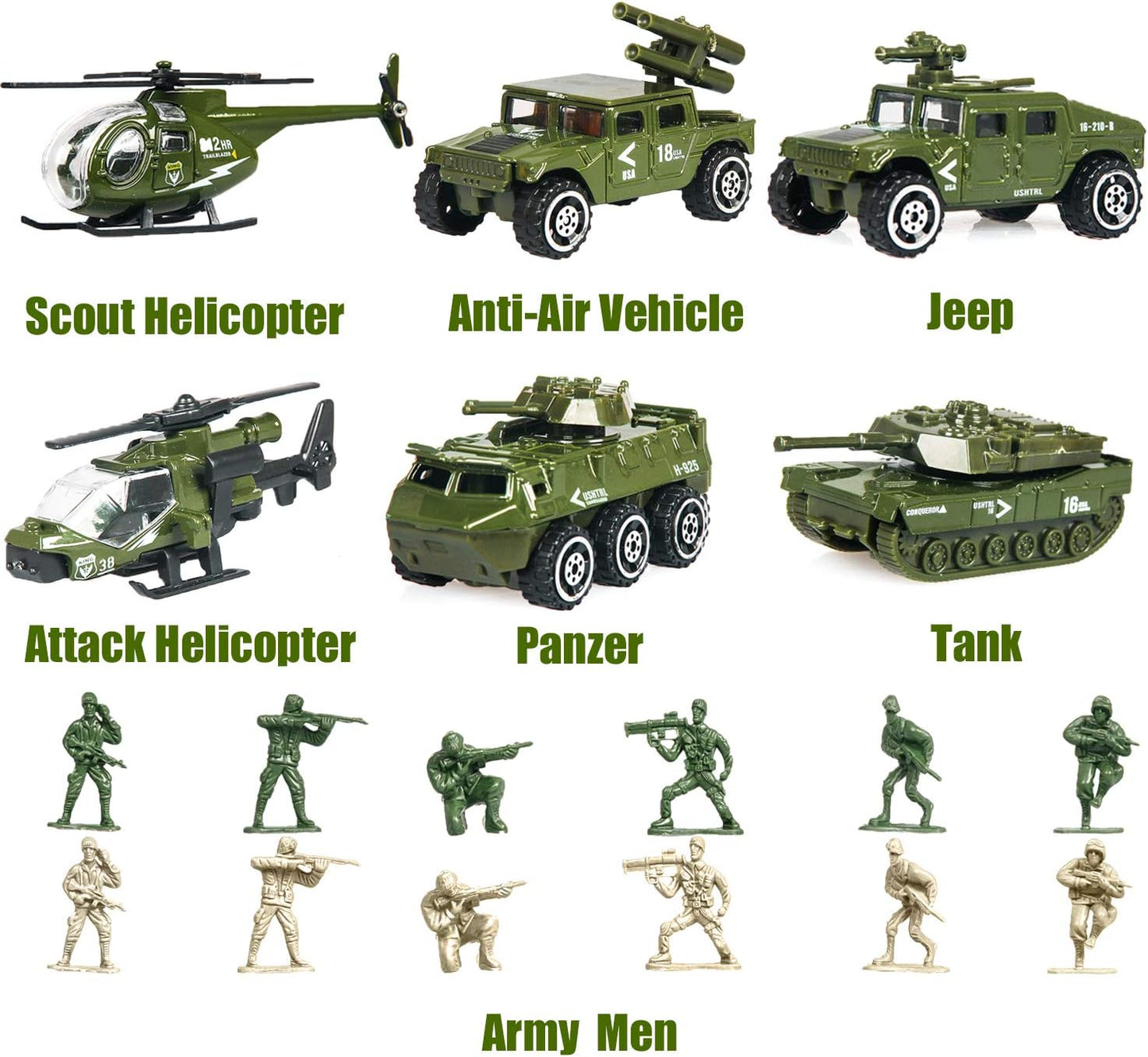 18 Pack Die-cast Military Vehicles Sets,6 Pack Assorted Alloy Metal Models Car Toys and 12 Pack Soldier Army Men, Mini Army Toy Tank,Panzer,Anti-Air Vehicle,Helicopter Playset for Kids Boys