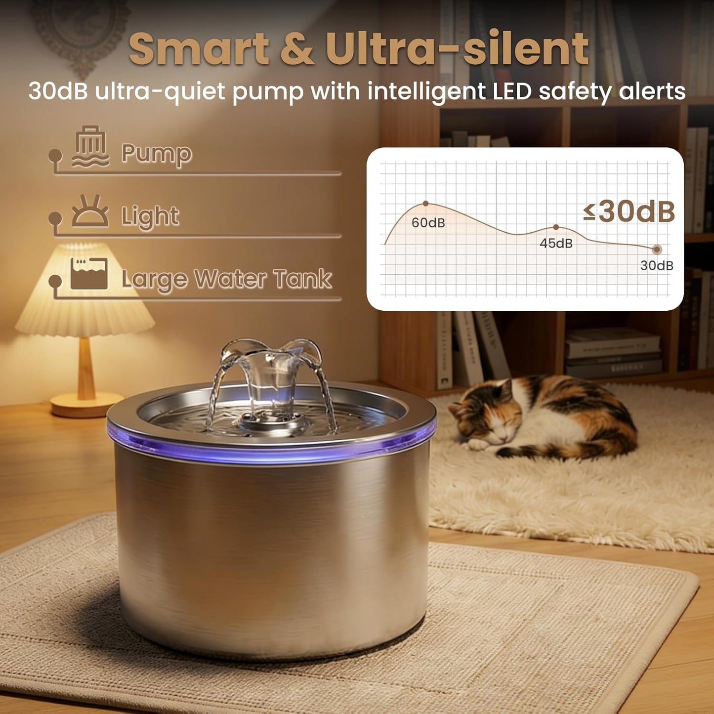 Cat Water Fountain Stainless Steel, 74oz/2.2L Automatic Pet Fountain with USB Pump & Replacement Filters, Ultra Quiet Indoor Water Dispenser for Cats, LED Monitoring Water Level