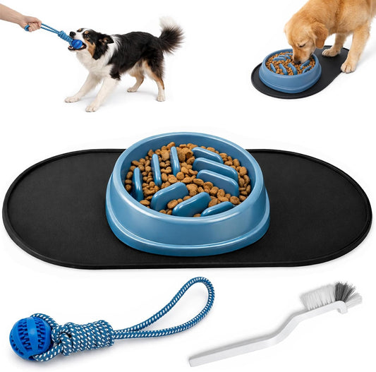 4PCS Slow Feeder Dog Bowl Set with Mat & Feeding Ball, Slow Feeding Dog Bowl to Slow Eating, Puppy Slow Feeder Bowl for Small Dogs, Dog Bowls with Slow Feeder, Easy Clean