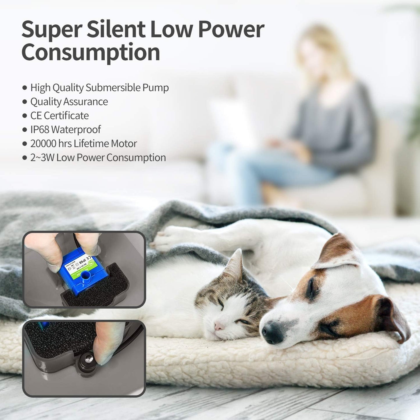 Cat Water Fountain, Cubic 67oz/2L Automatic Pet Water Fountain with Silicone Mat, Ultra Quiet Cat Water Dispenser with LED Light & Adapter for Cats Dogs Pets