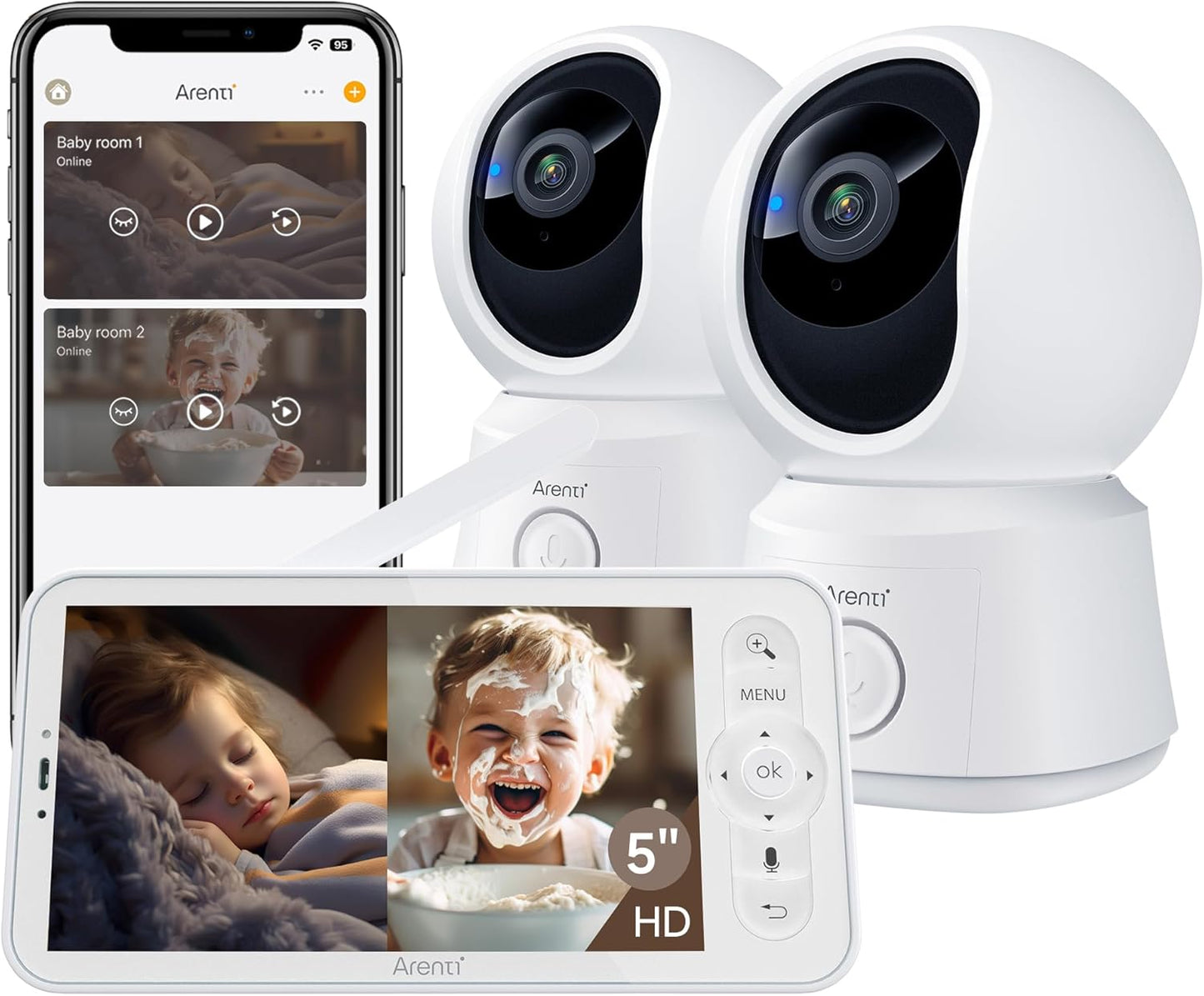 ARENTI Baby Monitor 2 Cameras, Smart Baby Camera with 5-Inch Wireless Display, Super Night Vision, Temperature Sensor, Sound Detection, Auto Motion Tracking, 2-Way Audio, VOX Mode(B2 Set)