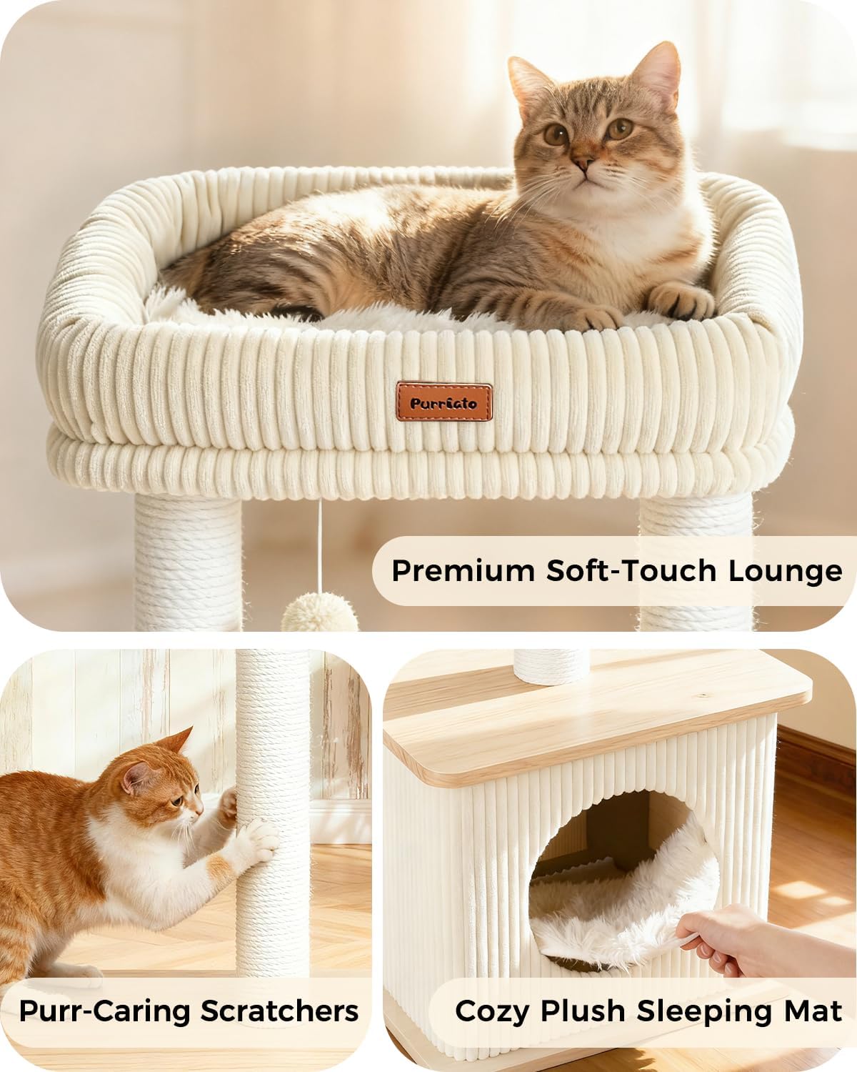 Modern Cat Tree for Indoor Cats, Nordic Loft Style, Wooden Cat Tower with Sisal Scratching Posts, Soft Padded Beds & Cozy Condos, Floor-Mounted for Kittens & Adult Cats
