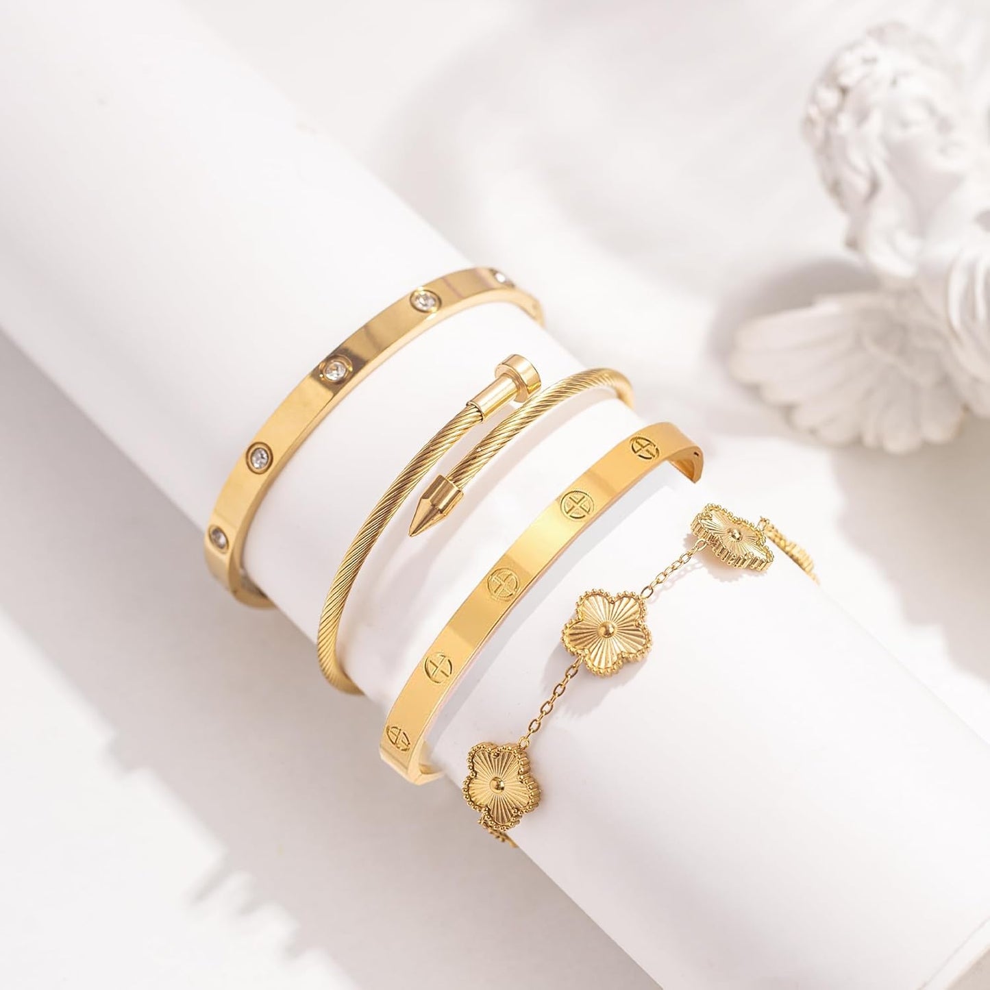 Gold Bracelets for Women-4Sets/3ets,18K Gold Plated Bracelet,Stainless Steel Bangle Bracelets Non Tarnish, Gold Bracelet Set Trendy Jewelry,Christmas Valentines Birthday Gifts for Girlfriend