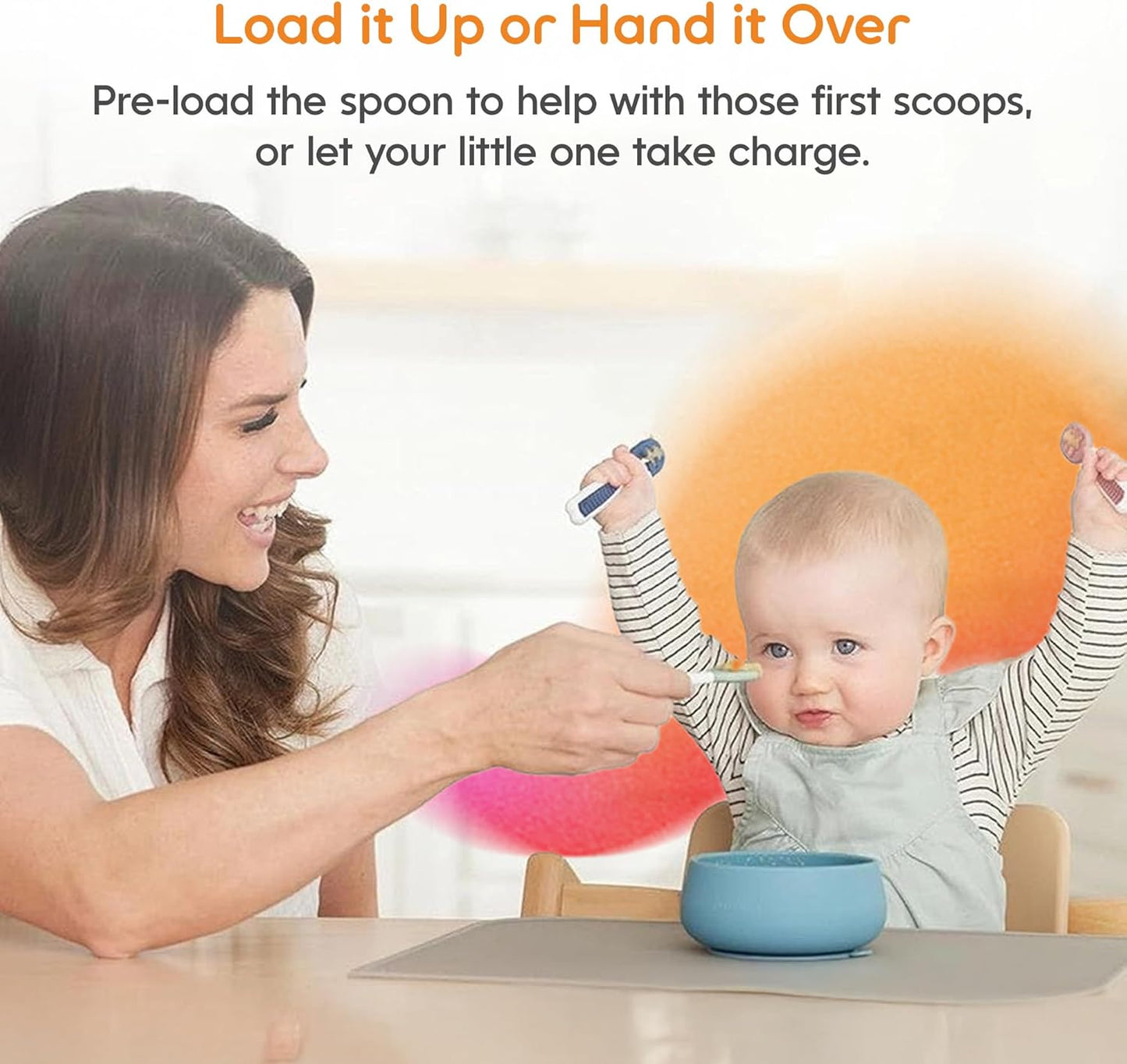 NumNum Baby Spoons Set, Baby Essentials Pre-Spoon GOOtensils for 6+ Months, First Stage Self-Feeding Spoons for Baby Led Weaning (BLW), Silicone Toddler Utensils, BPA-Free, 2 Pack Blue/Orange