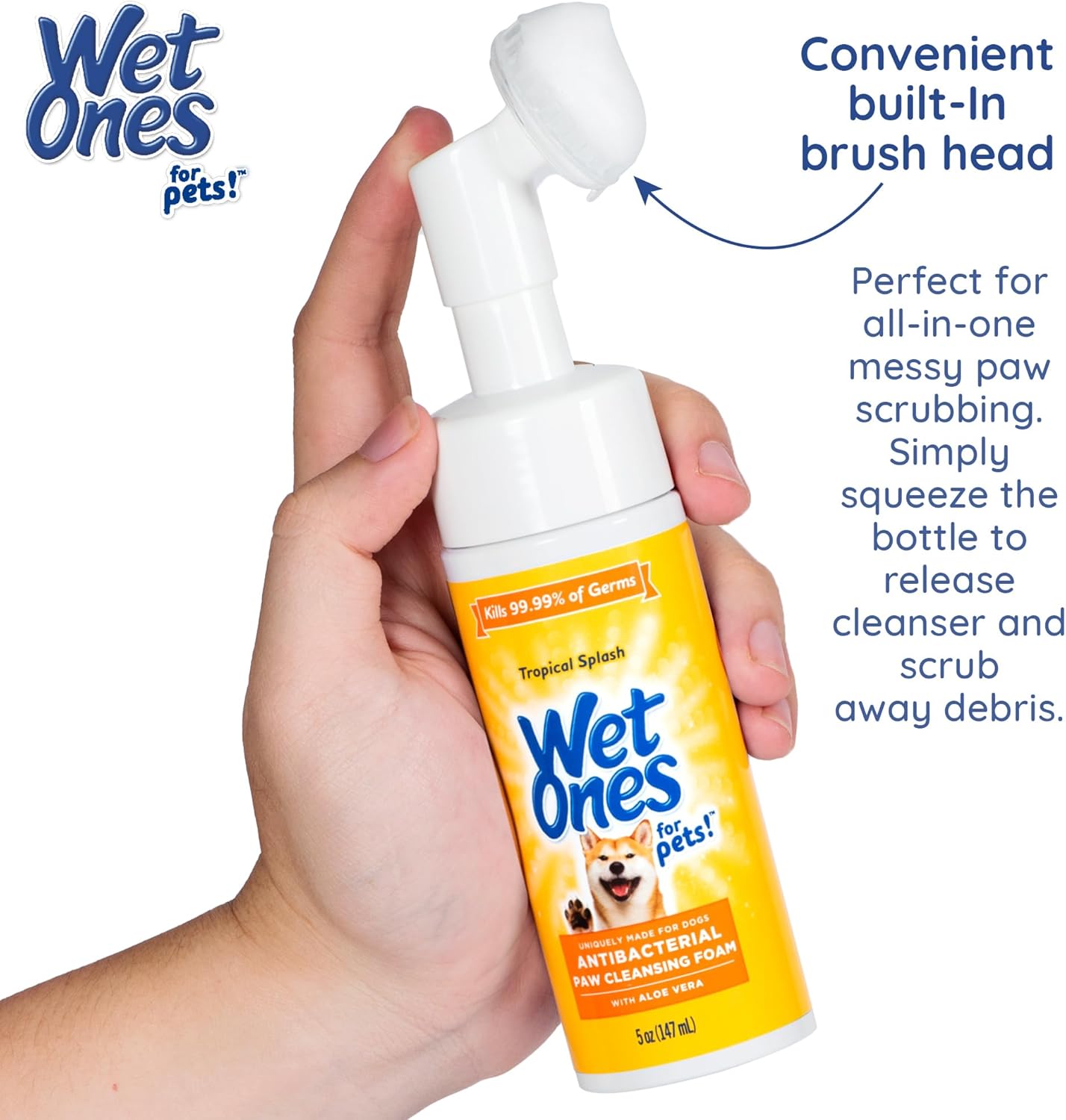 Wet Ones for Pets Antibacterial Dog Paw Cleaner with Built-in Scrubber Brush, Tropical Splash Scent - Foaming Cleanser for Dog Paws - Paw Washer & Grooming Care, 5 Ounce