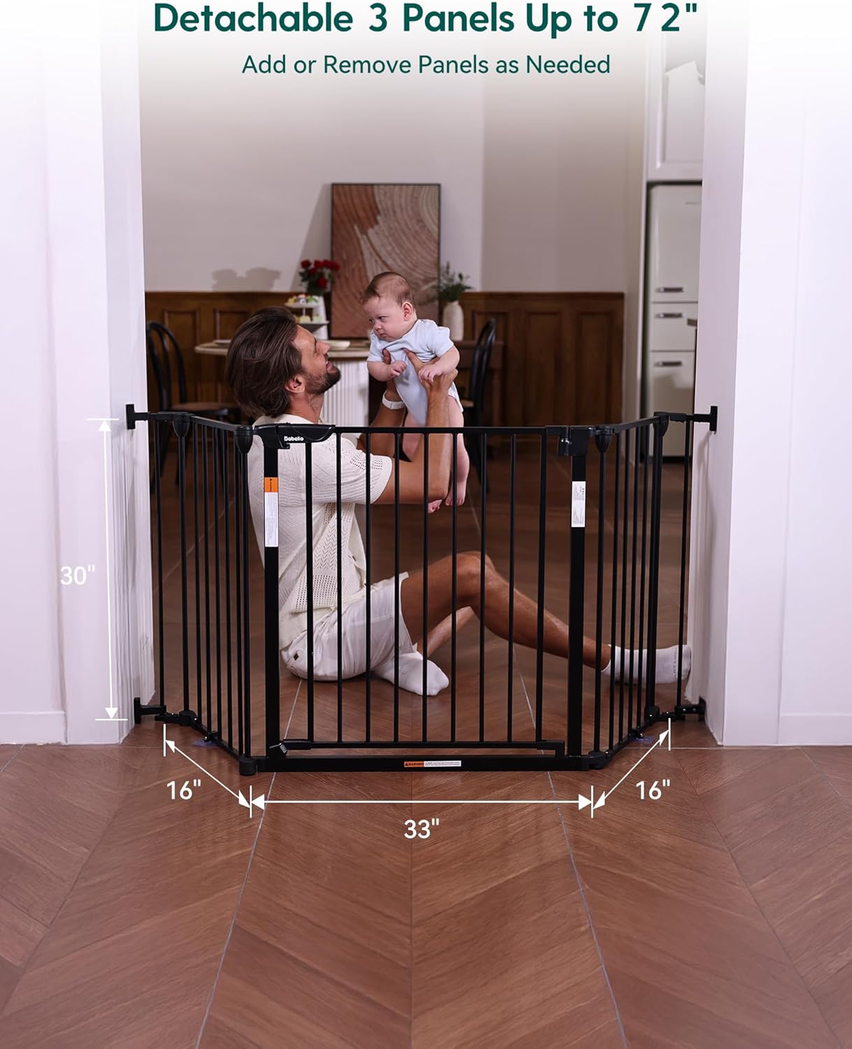 Babelio 72" Extra Wide Baby Gate, 30" Tall Auto Close Dog Fence for Stairs Kitchen Doorways Fireplace, Hardware Mounted Pet Gate Indoor, Foldable 3 Metal Panels, Black