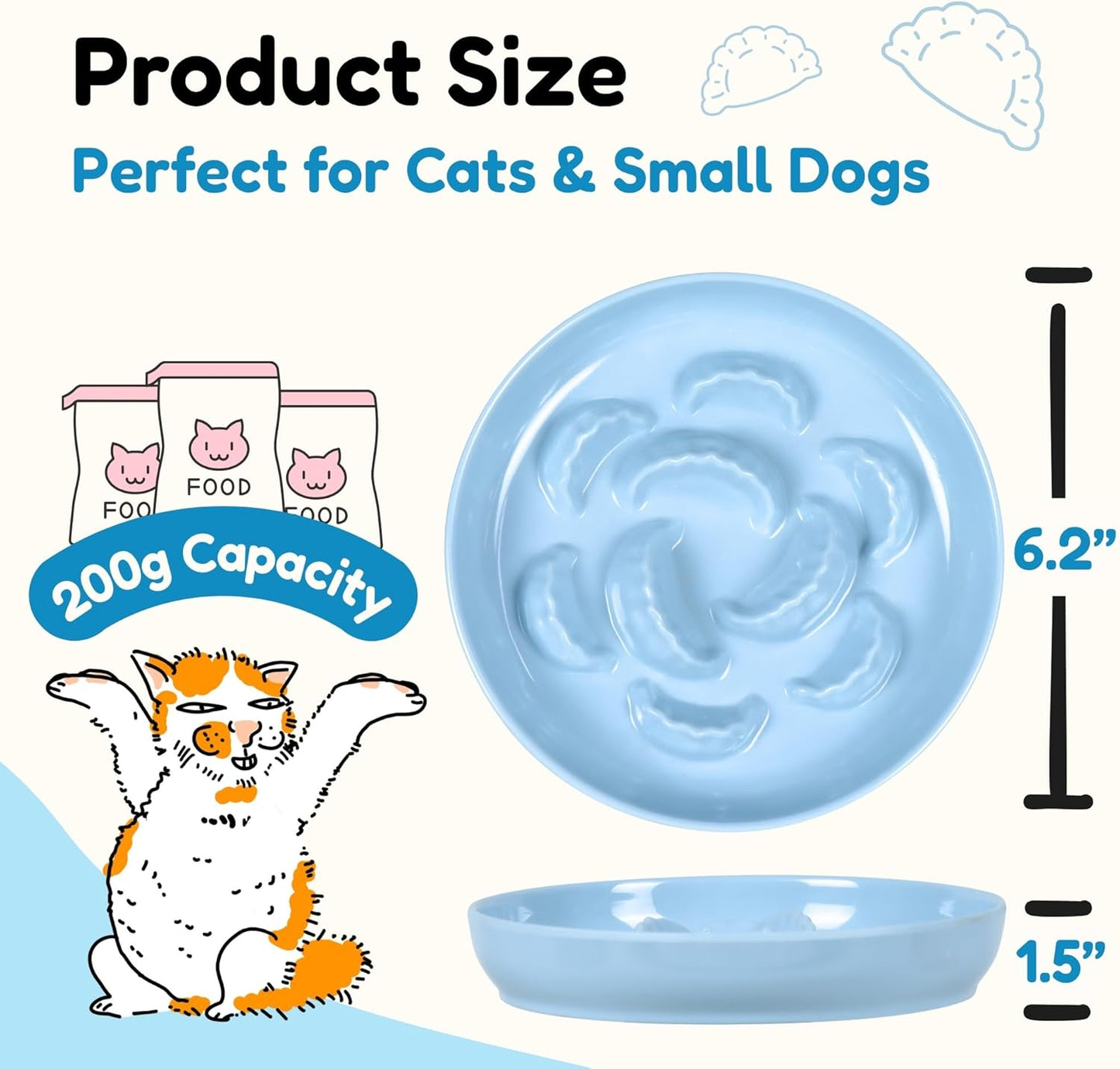 Slow Feeder Bowl for Cats and Small Dogs - Set of 3 Melamine Puzzle Cat Plates for Wet & Dry Food- Whisker Friendly & Dishwasher Safe & Non Slip Design (Blue + Green +White *3, 6.3''W)