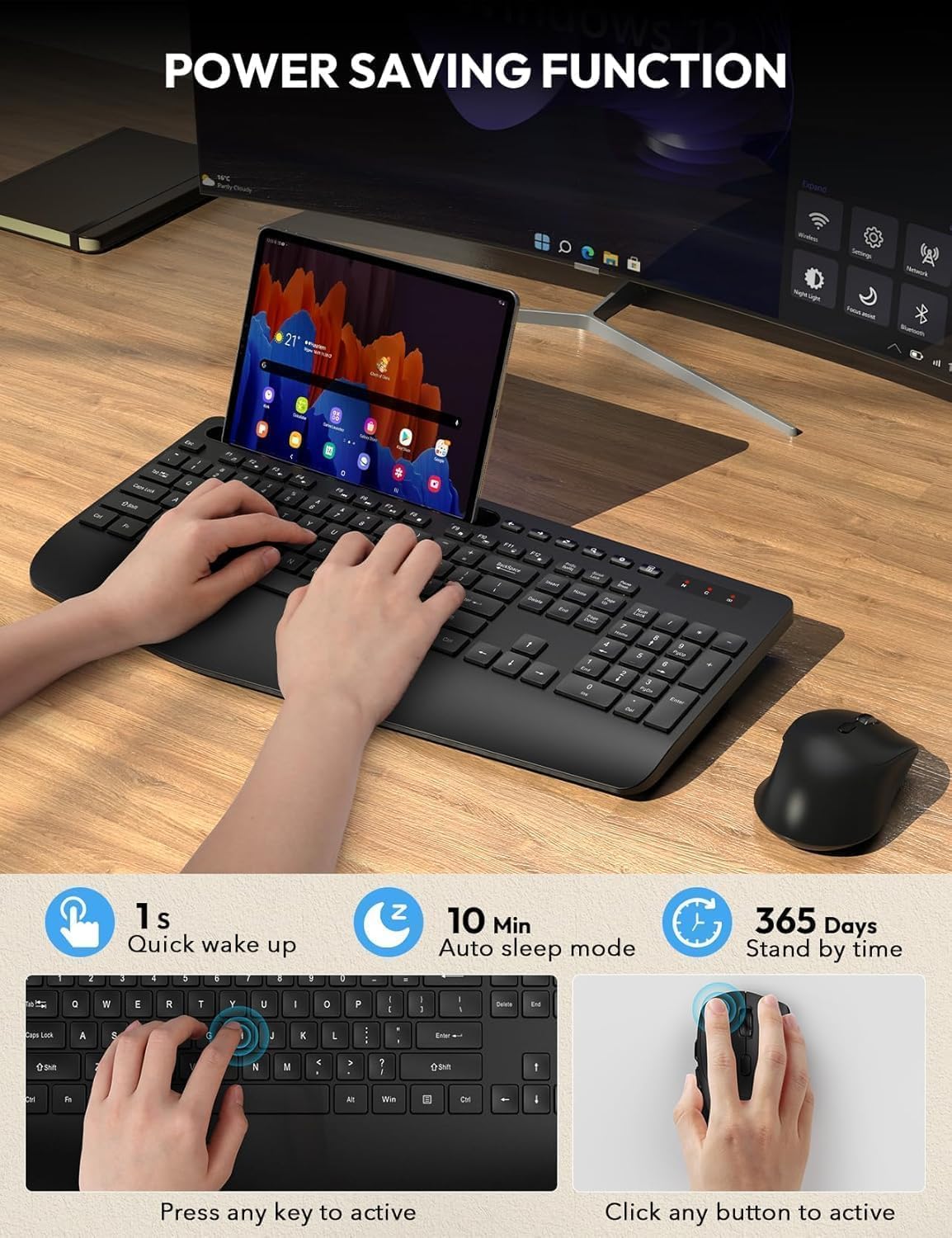 Wireless Keyboard and Mouse Combo - Full Size Ergonomic Wrist Rest, Silent Typing, Phone Holder, 2.4 GHz, 3 Level DPI, Batteries Powered, KM23D Set Compatible with PC, Laptop, Windows, macOS -SABLUTE
