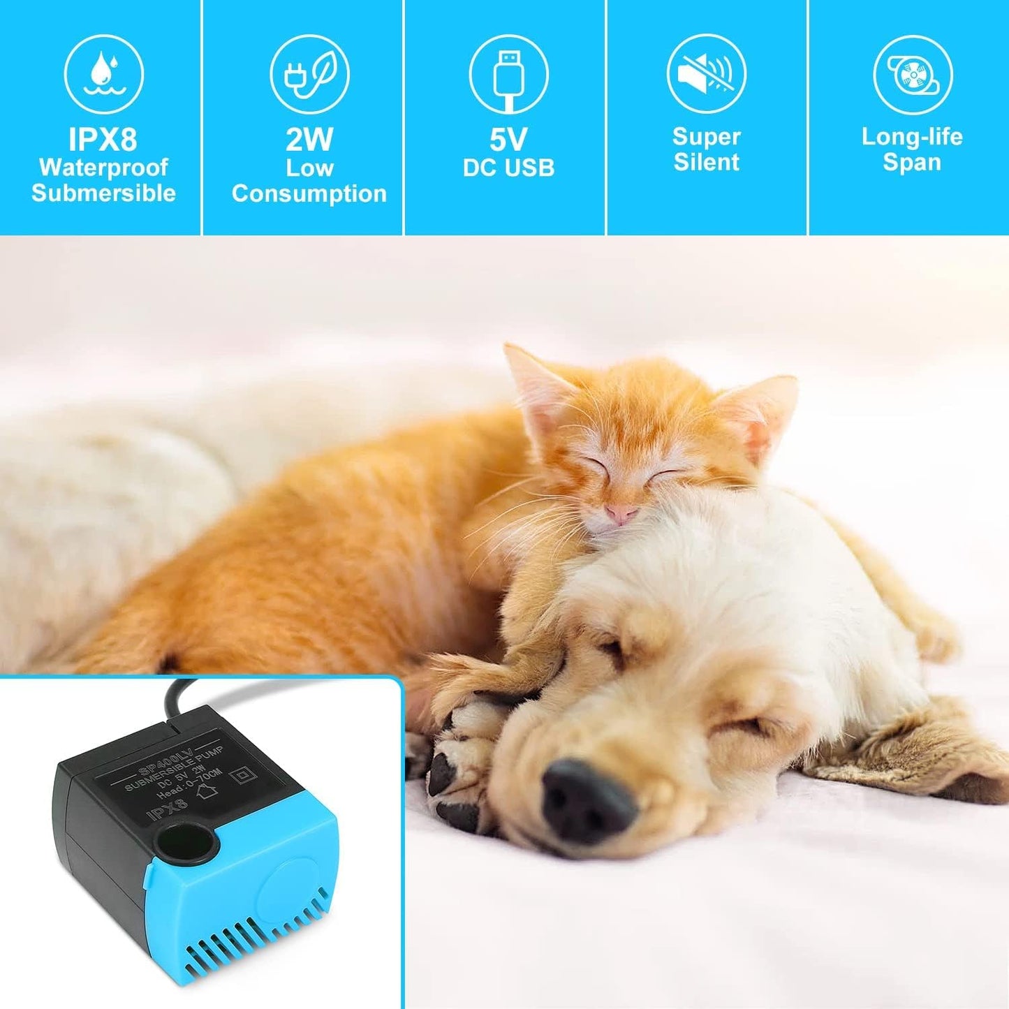 SP-400LV Cat Water Fountain Pump,USB Replacement Pump for Pet Drinking Fountains Compatible with Ceramic, Butterfly,Seaside and Multi-Tier Pet Fountains(No AC Adapter)