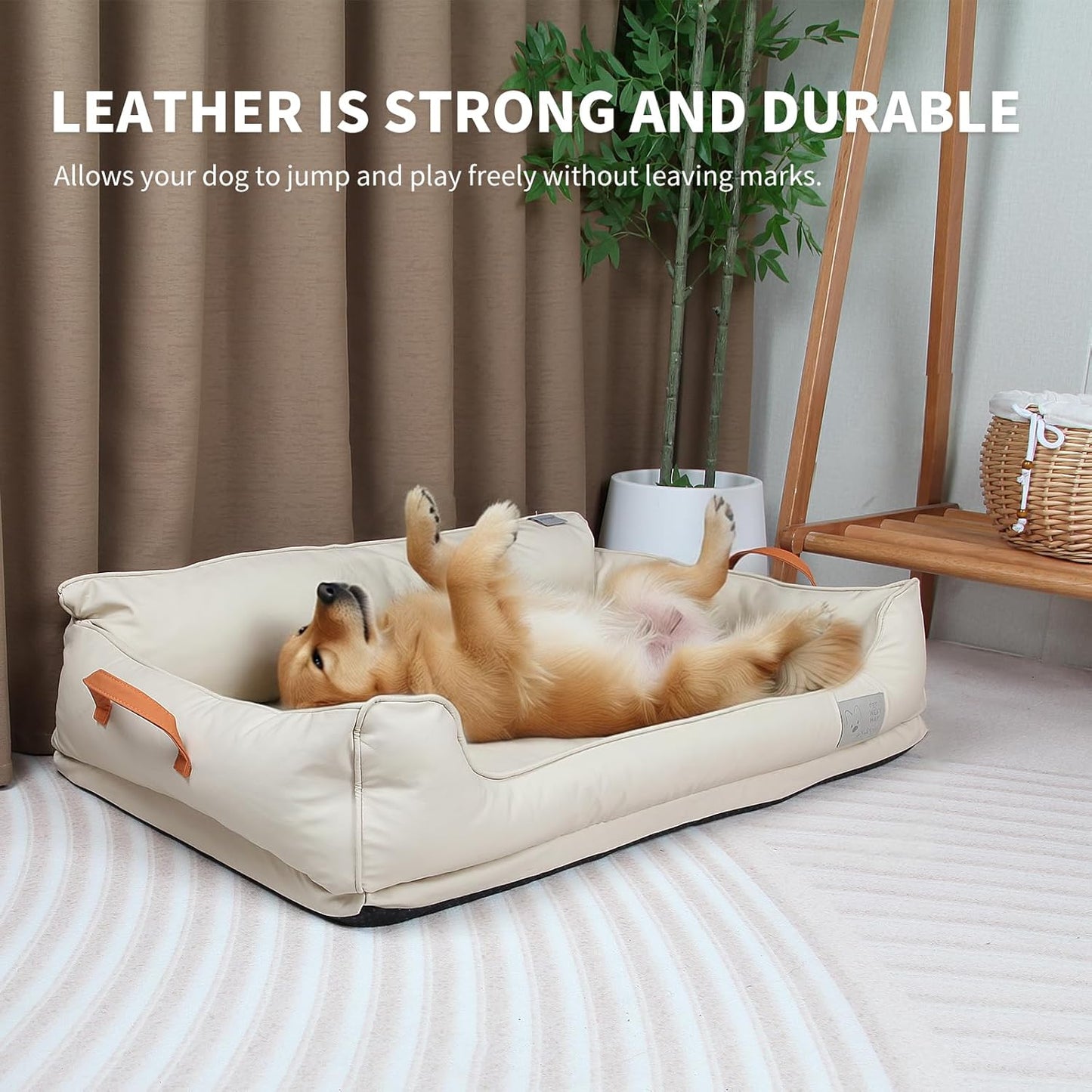 Removable Orthopedic Dog Beds for Large Dogs, Leather Memory Foam Dog Sofa Bed, Waterproof Durable Dogs Bed Couch with Non Skid Bottom for All Pet Sizes (Beige, Large)