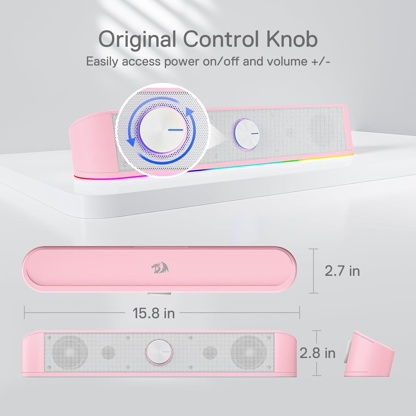 Redragon GS560 RGB Desktop Soundbar, 2.0 Channel Computer Speaker with Dynamic Lighting Bar Audio-Light Sync/Display, Touch-Control Backlit with Volume Knob, USB Powered w/ 3.5mm Cable, Pink
