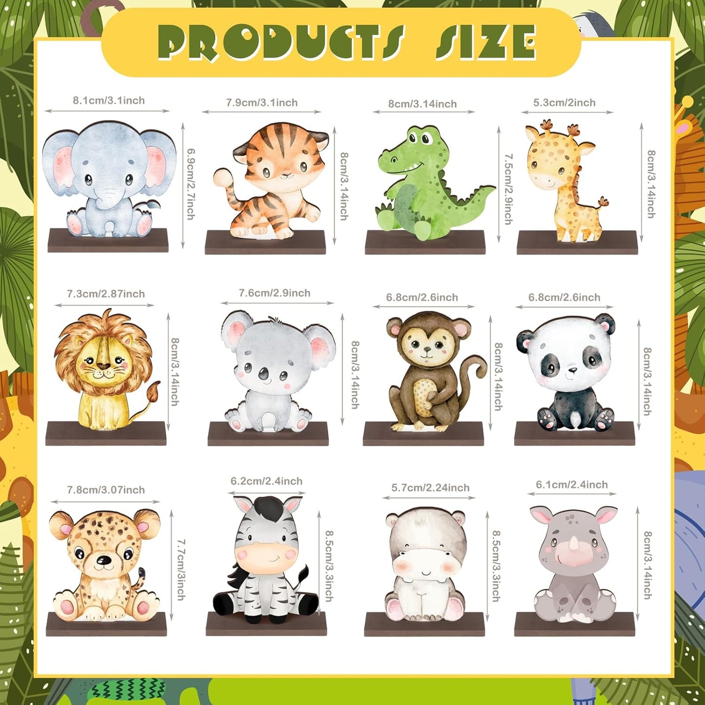 Yaomiao 12 Pcs Safari Jungle Animal Wooden Table Centerpiece Cutout Shapes Forest Painted Baby Shower Decorations Wild Creatures Wood Table Sign for Forest Camp Birthday Party Supplies