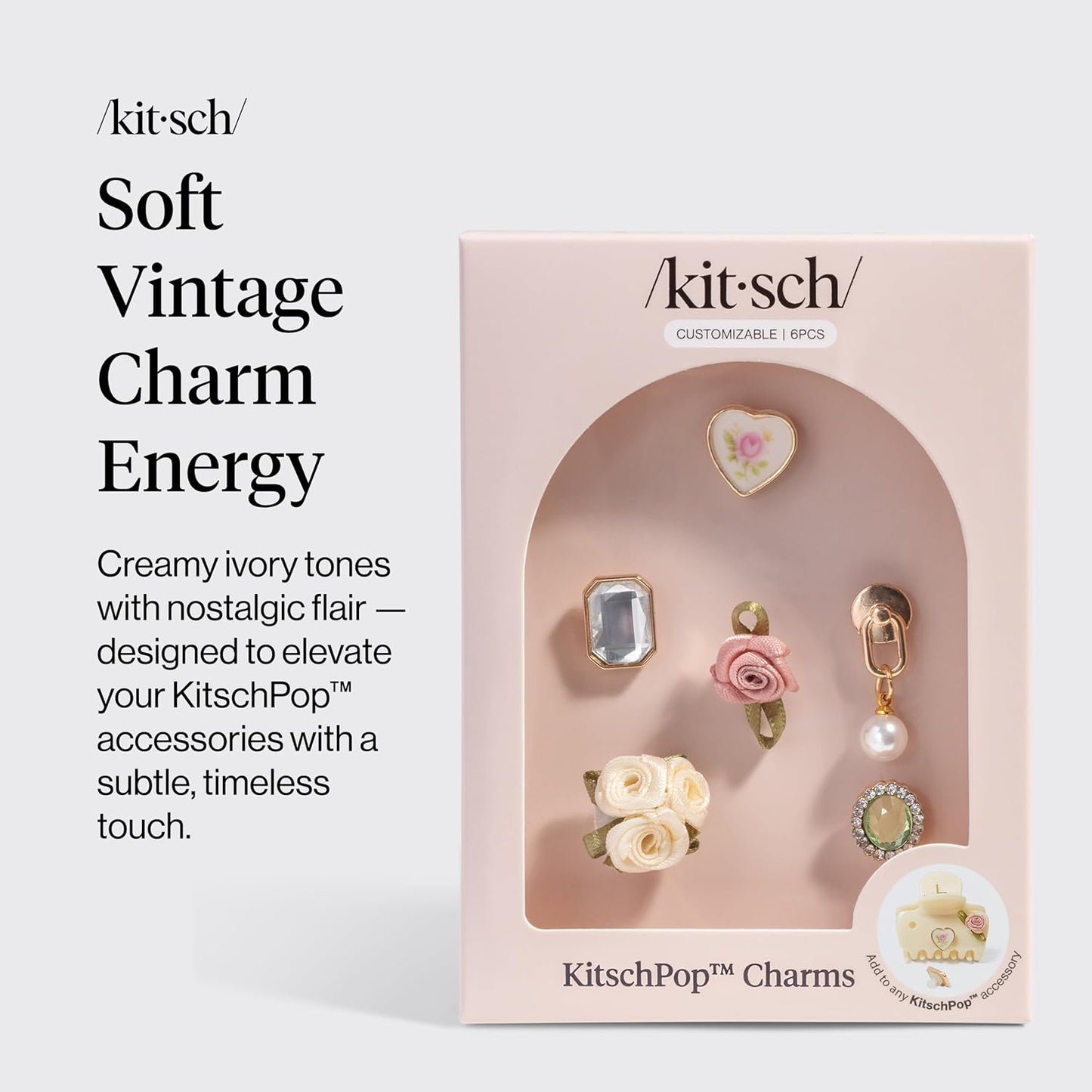 KitschPop™Charm Sets – Interchangeable Charms For Hair Clips, Hair Brushes | Durable Assorted Cute Charms | Compatible with KitschPop™ Hair Accessories - Vintage Ivory, 6pcs