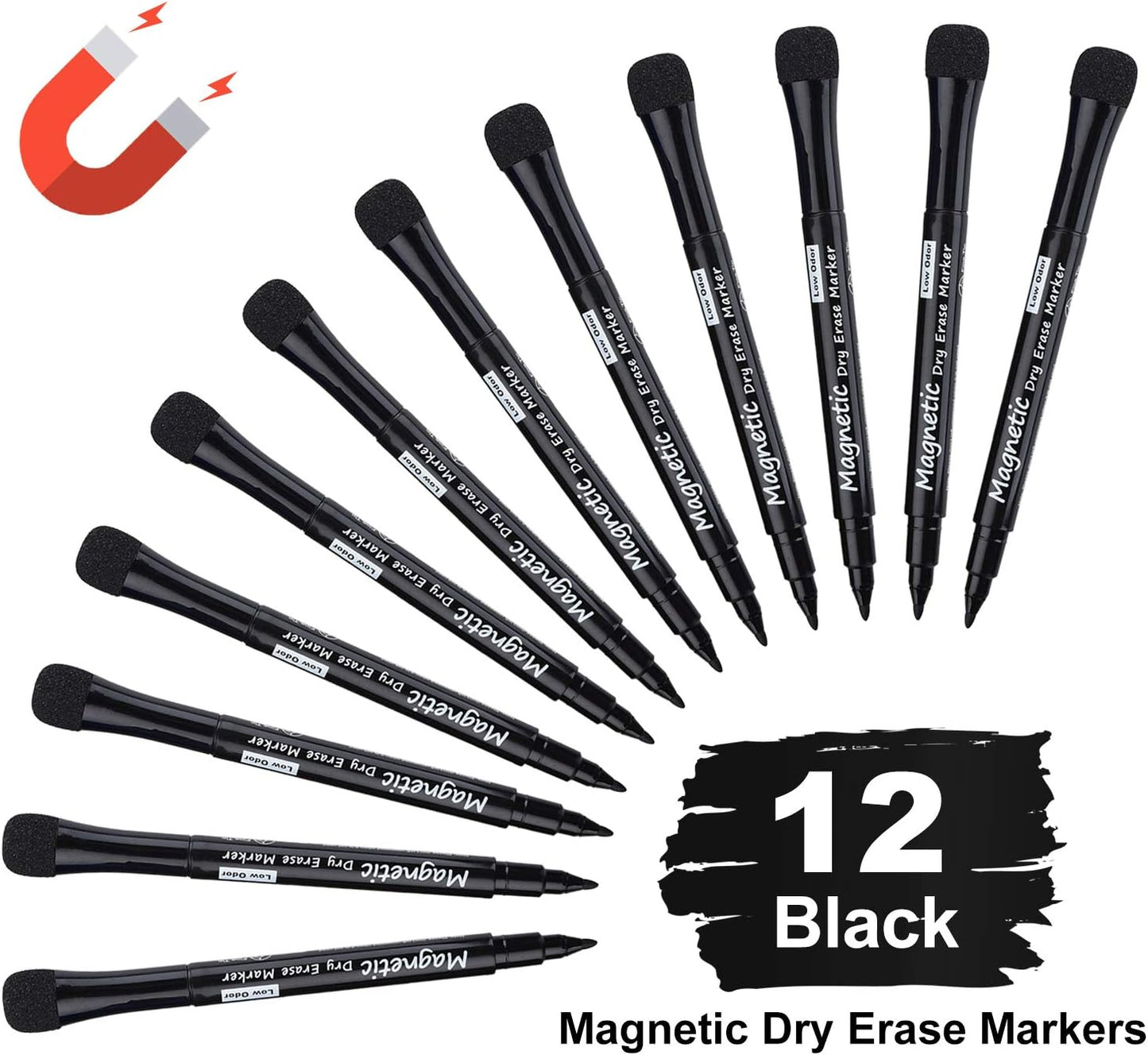 Browill Magnetic Dry Erase Markers, (12 pk) Dealkits Low Odor White Board Markers with Erasers for Kids Teacher Supplies for Classroom Work on White Board, Calender, Fine Tip Point, Black