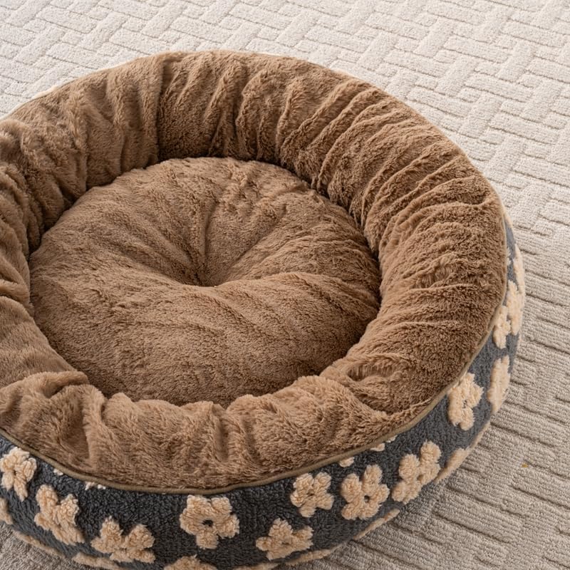 Happy Pets Luxury Orthopedic Pet Bed, Jacquard Brown, or Light Gray, Round Nest Bolster Design, Machine Washable Cover, for All Sized Dog and Cat Breeds (Brown, 30" x 30" x 8")