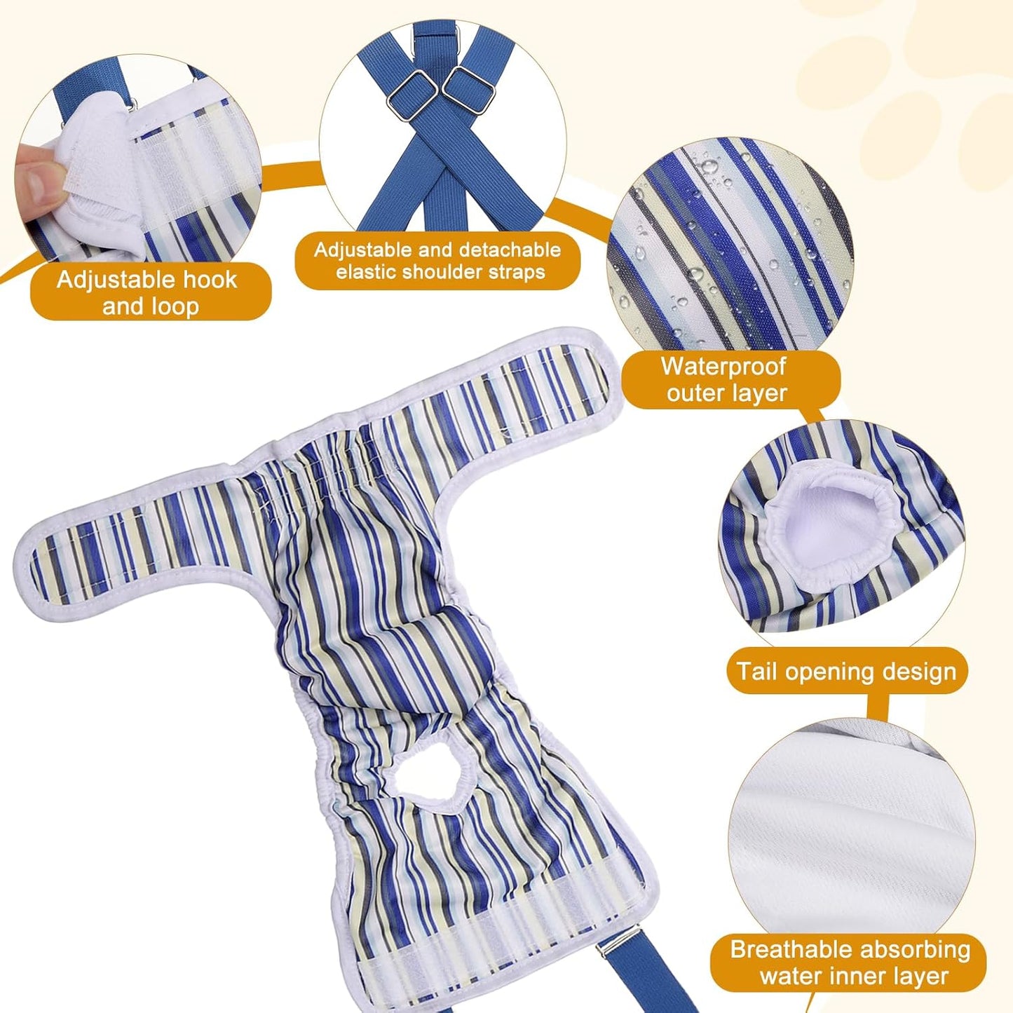 Washable Female Dog Diapers with Suspender, Reusable Dog Diapers Absorbent Leakproof(Purple/Striped Blue XS, 2Pcs), Intended for Small/Medium/Large Female in Heat