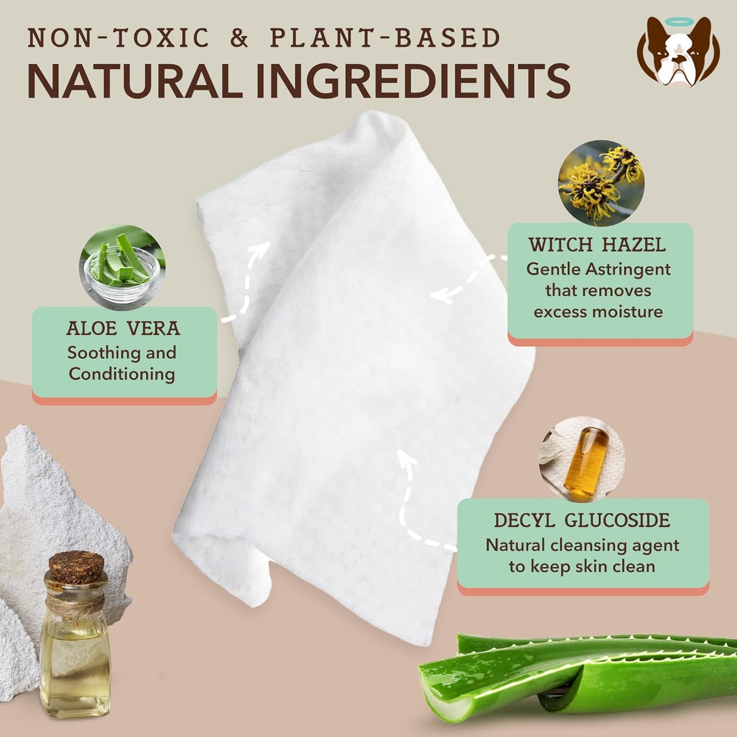 Natural Dog Company XL Grooming Wipes for Dogs – Hypoallergenic, Biodegradable, Fragrance Free – Aloe Vera & Witch Hazel – 7×8 Wipes for Paws, Face, Ears & Butt – Sensitive Skin Pet Wipes - 50 Count