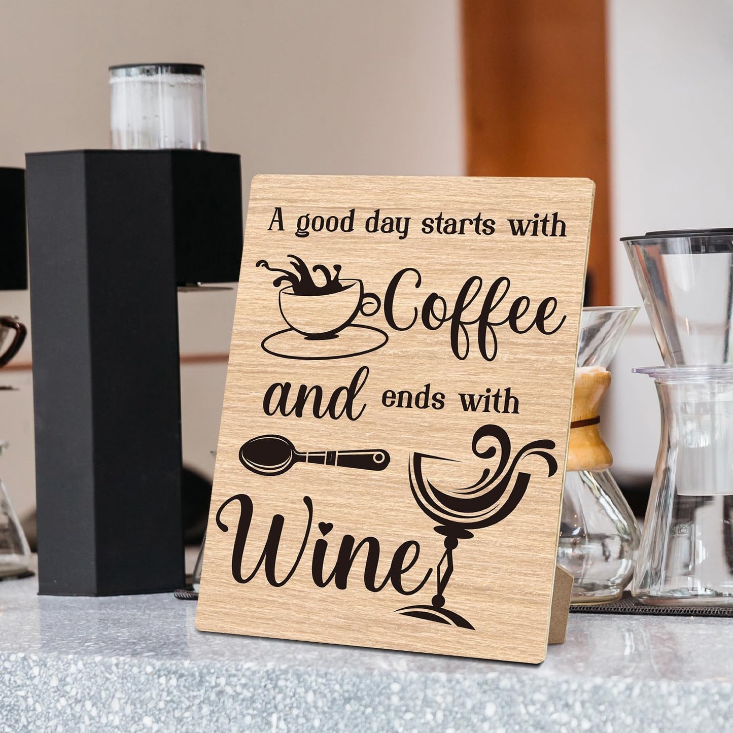 A Good Day Starts with Coffee and Ends with Wine Tin Sign，Wooden Sign with Stand 8 x 11 Inches, Beer Sign for Vintage Cafe, Kitchen, Restaurant, Bar, Home Bar, Man Cave -13