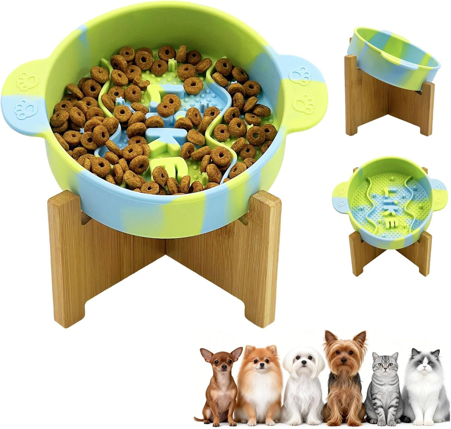 Daily Treasures Slow Feeder Cat Bowl with 15° Raised Bamboo Stand, Silicone Food Dish for Wet & Dry Food,Anti Vomit Interactive Pet Dish,Non-Slip Puzzle Food Bowls for Cats & Small Dogs(Blue & Green)