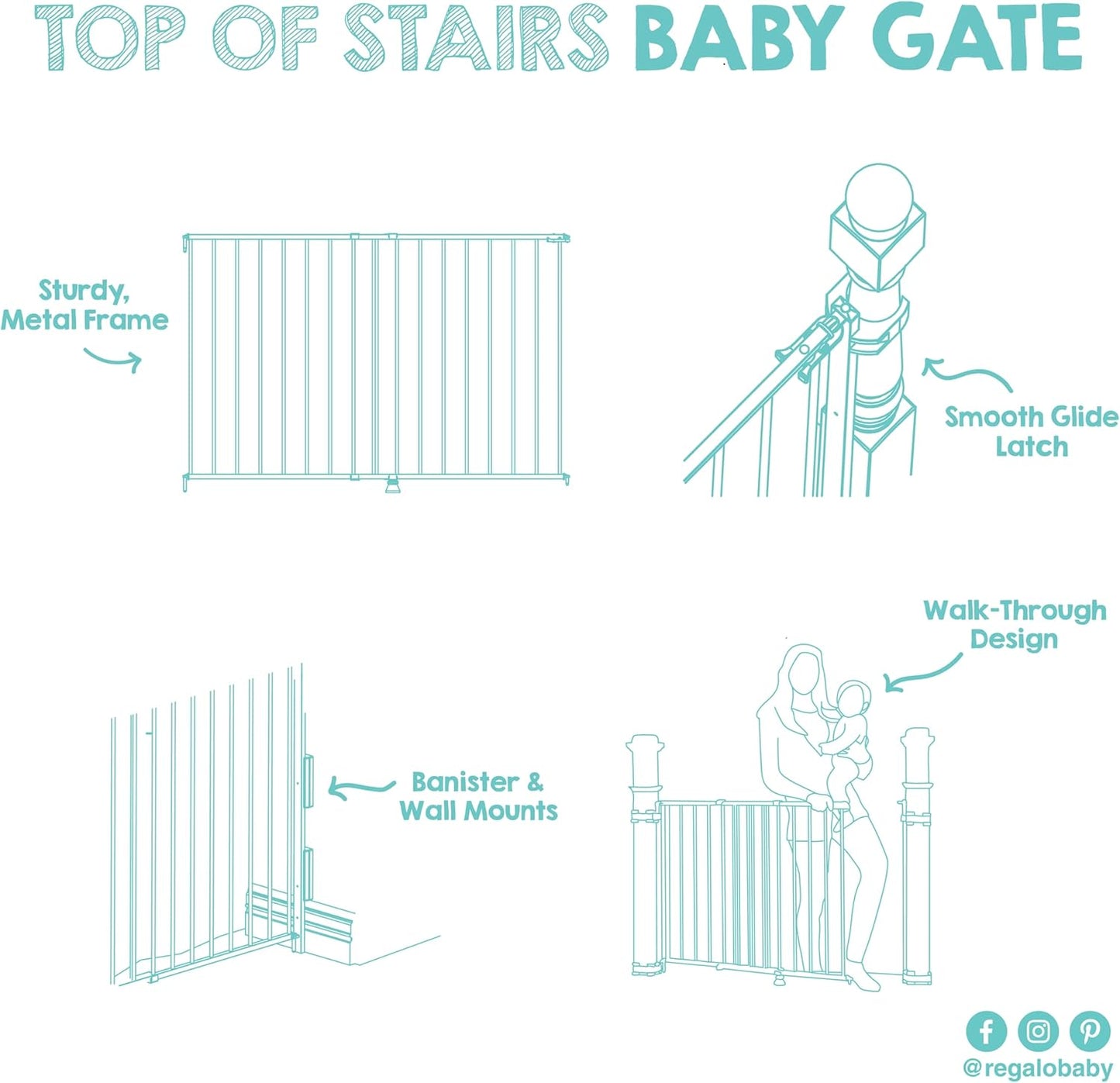 Regalo Safety 29-43" Top of Stairs Baby Gate, Extra Wide Baby Gate, Extra Wide Hardware Mounted Stair Gate with Banister & Wall Mount Kit, Walk-Through Safety Gate with Door for Toddlers & Pets