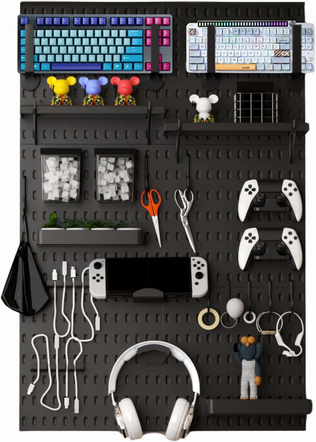 Keepo Pegboard Combination Kit, Pegboards and Accessories Modular Hanging for Gaming Setup, Gaming Station Peg Board, Gaming Organizer, Wall Game Controller Holder, Headset Stand (Black, 33″×22″)