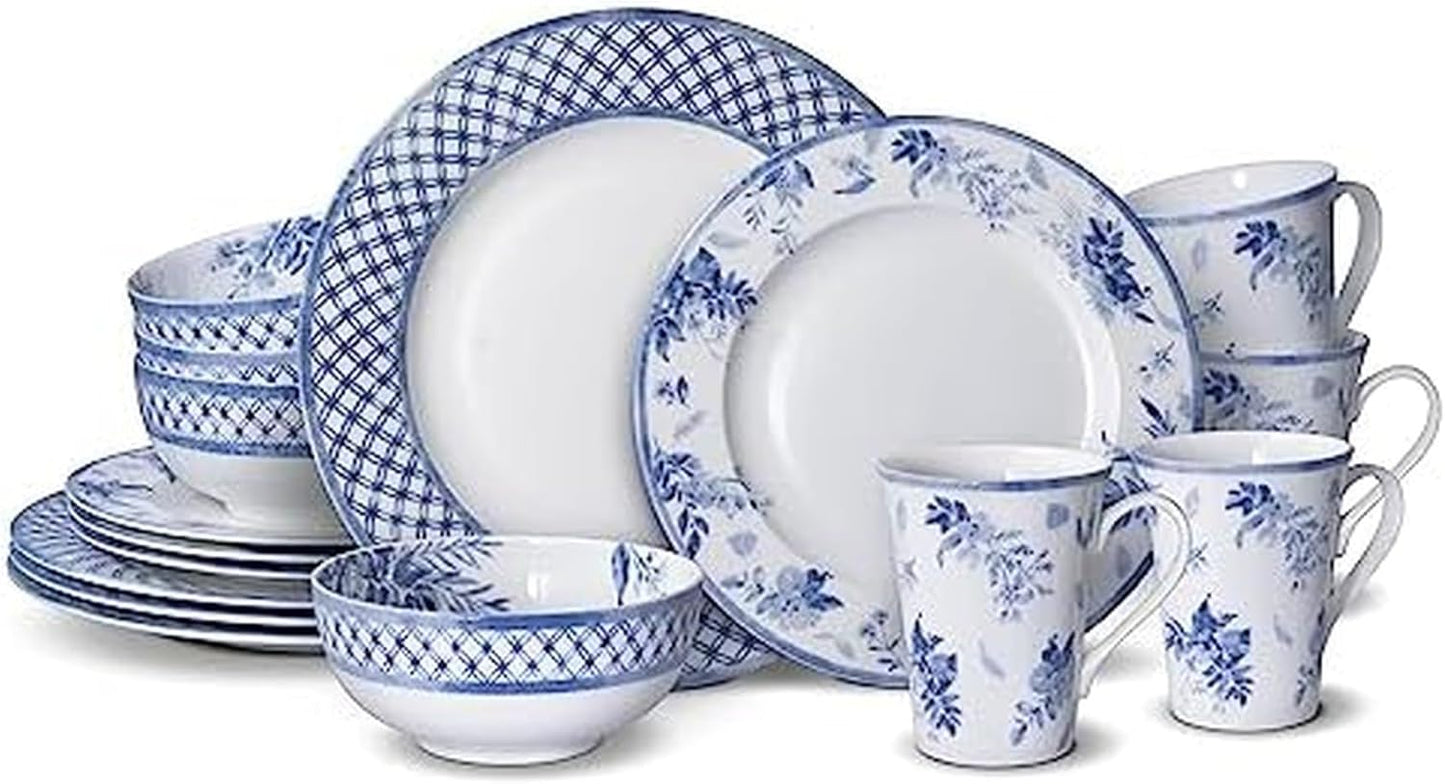 Mikasa Kiley Bone China Lightweight Chip Resistant 16 Piece Dinnerware Set, Service for 4,Blue and White