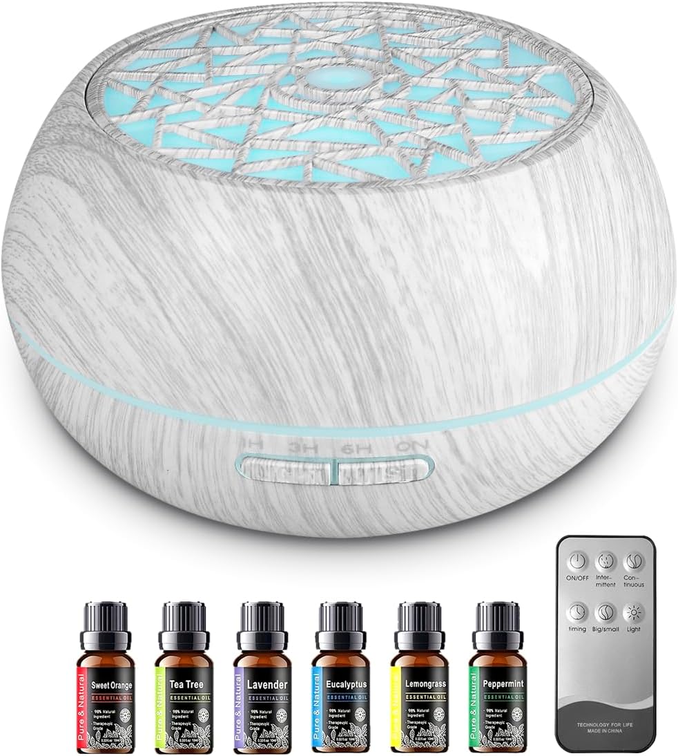 550ml Large Capacity Essential Oil Diffuser 6 Essentil Oil Set Aromatherapy Ultrasonic Air Humidifier with Timer and 7 Color LED Night Light Remote Control Waterless Auto-Off White Wood Grain