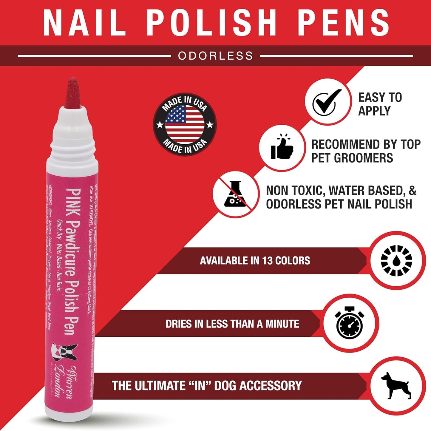 Warren London Pawdicure® Dog Nail Polish Pens – Core 3-Pack (Pink, Purple, Red) | Quick-Dry, Low-Odor & Non-Toxic | Precision Pen Tip | Made in USA | Save 11% vs. Singles