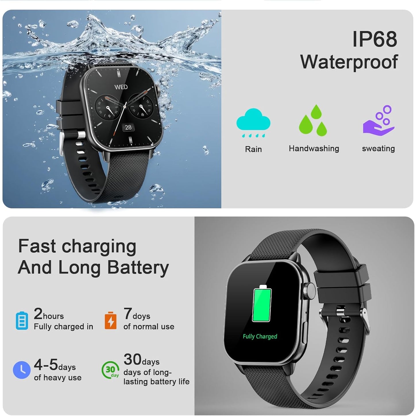 Smart Watch for Men Women, 1.85'' AMOLED HD Fitness Watch with 120+ Sports Modes, Bluetooth Call/Heart Rate/Sleep Monitor/Pedometer, Smartwatch for Android iOS, IP68 Waterproof, Light Black
