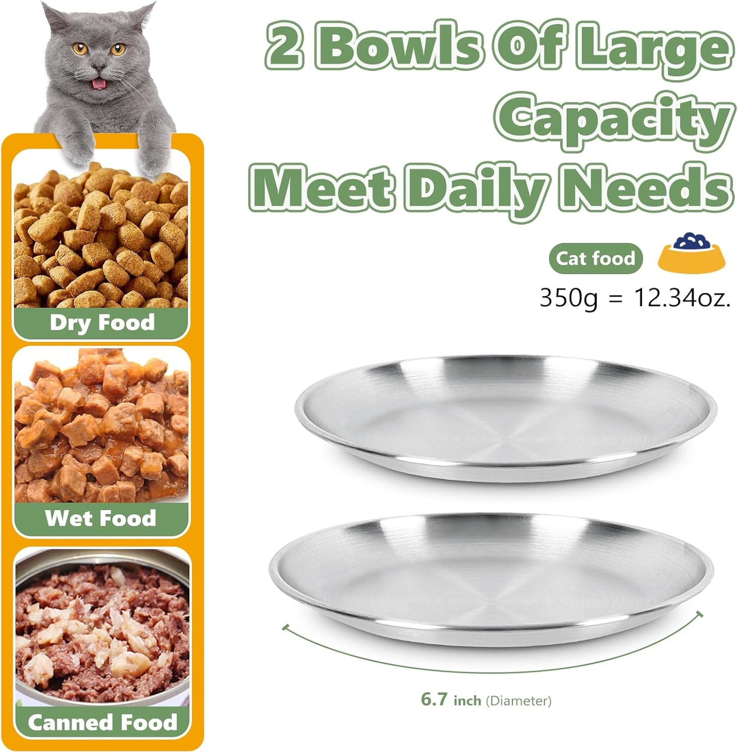4-Pack Stainless Steel Cat Food Bowls, Shallow Whisker-Friendly Non-Slip Silicone Base Metal Dishes, Easy to Clean Indoor Feeding Flat Plates for Cat, Kitten, Small Dog (6.7")