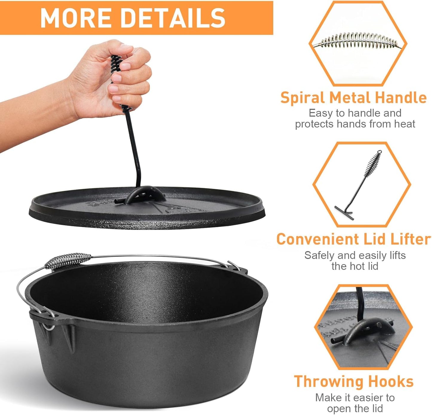 Camping Dutch Oven,12 Qt Pre-Seasoned Cast Iron Camp Dutch Oven Pot with Lid - Lid Lifter, Cast Iron Dutch Oven with Metal Handle for Cooking BBQ Baking Campfire Modern Black