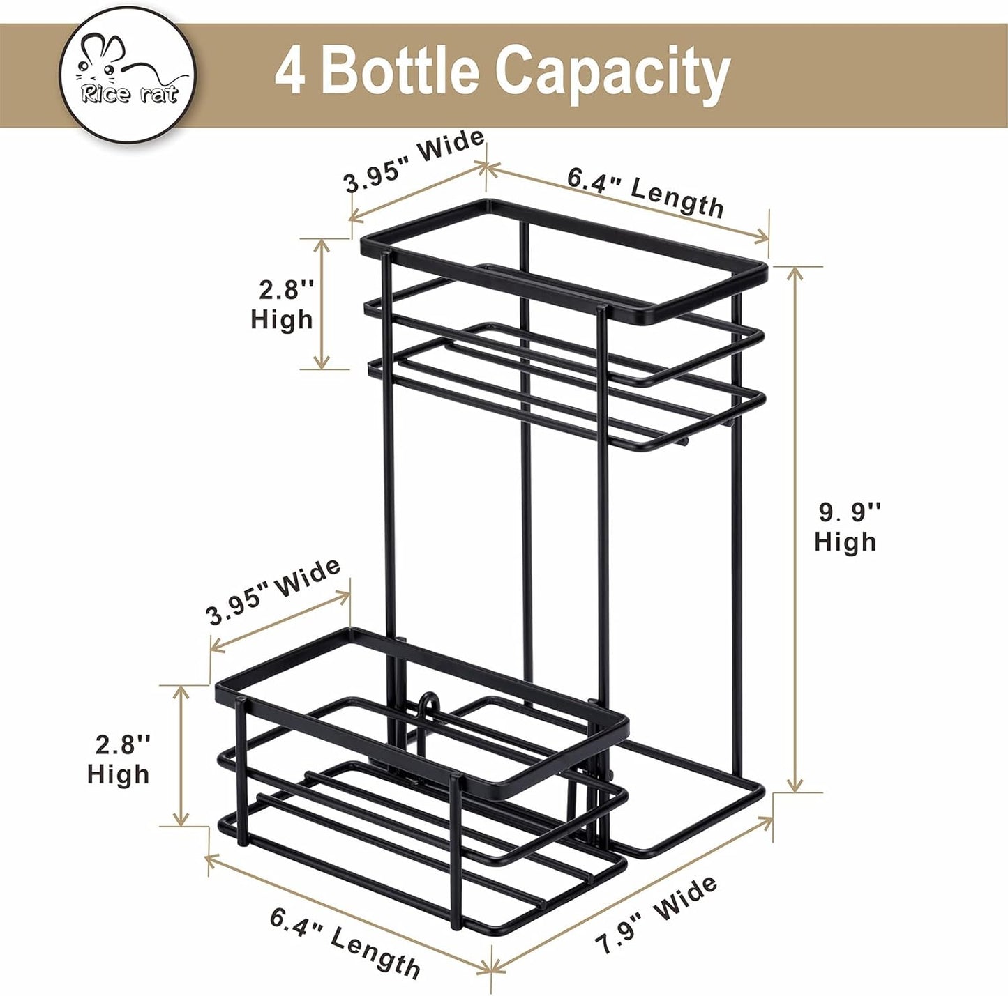Rice rat Coffee Syrup Organizer Rack, (4 Bottle Capacity),2 Tier Coffee Syrup holder for Coffee Bar Accessories,Kitchen,Storage for Syrup, Wine, Dressing（Black）