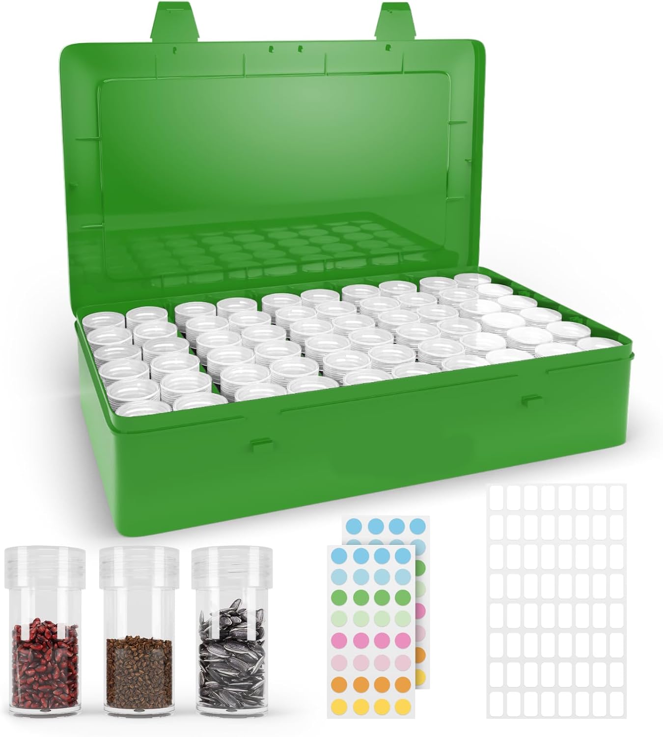 Seed Organizer Storage Box, Green Opaque Light Proof Seed Bank with 60 Transparent Bottles & Labels, Seed Holder Packet Organizer, Seed Vault Container for Homesteaders, Garden Tackle and Sorter PLAIN