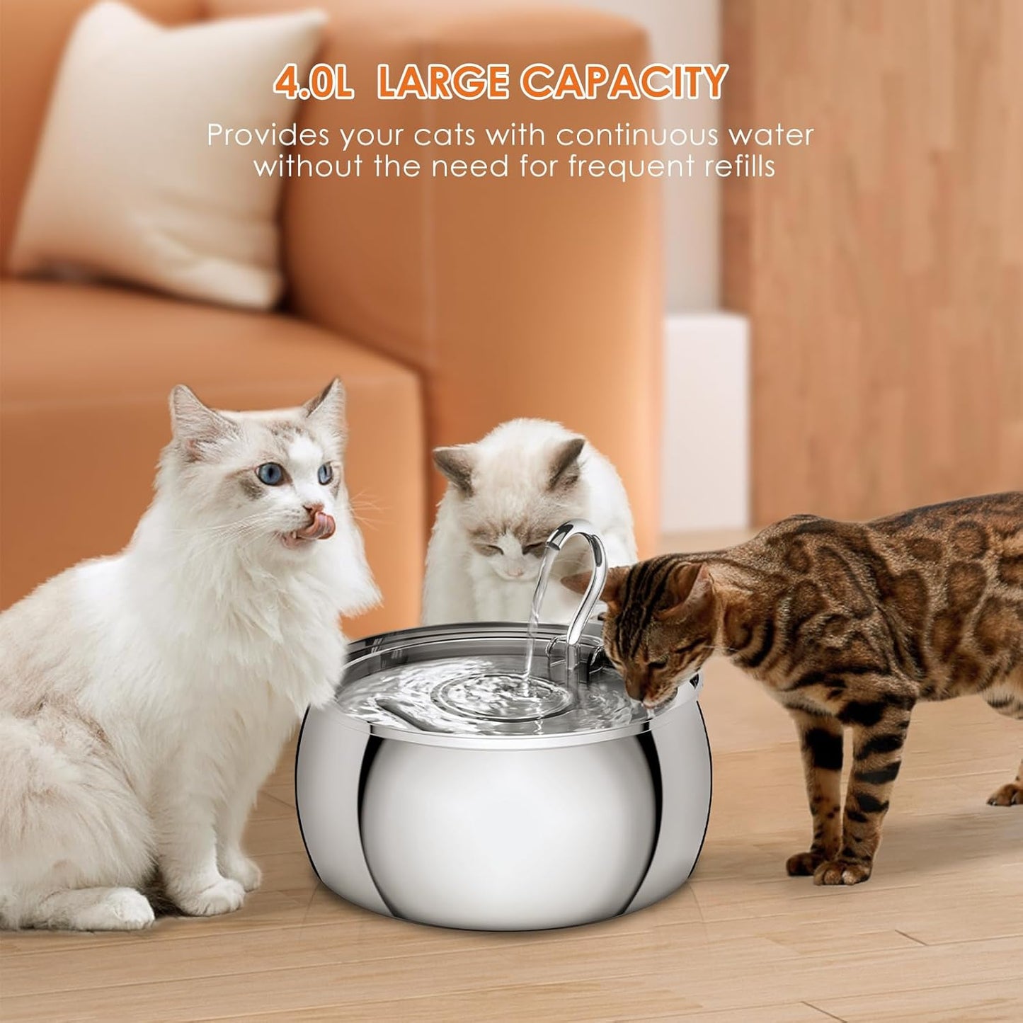 Cat Water Fountain Stainless Steel 4.0L/1.1Gal Cat Fountain for Drinking,Pet Water Fountain for Cats Indoor,Ultra-Quiet Pump,Multi-Filter System,Dishwasher Safe,Ideal for Multiple Pets