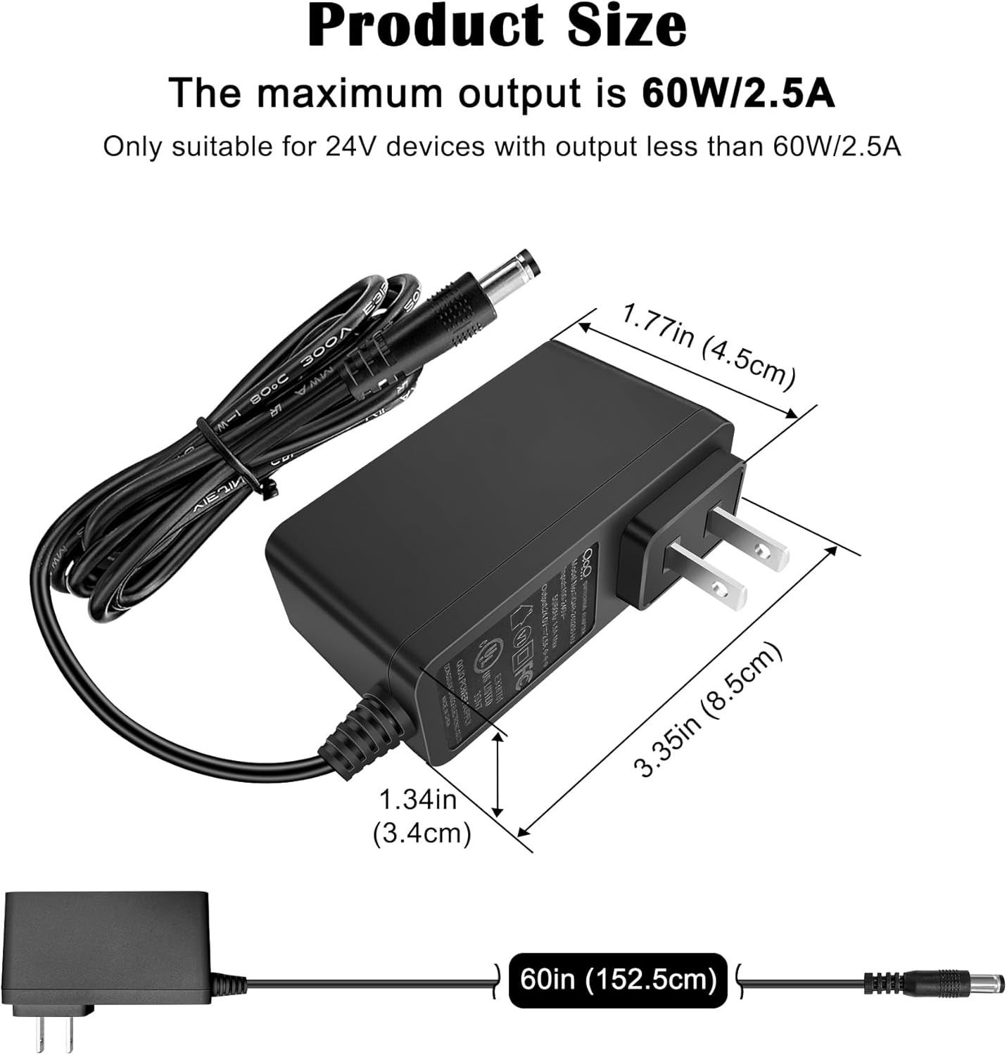 24V DC 2.5A LED Power Supply Adapter – 60W Max, UL Certified, Flicker-Free for 24V LED/COB Strips & CCTV, 5.5×2.1mm